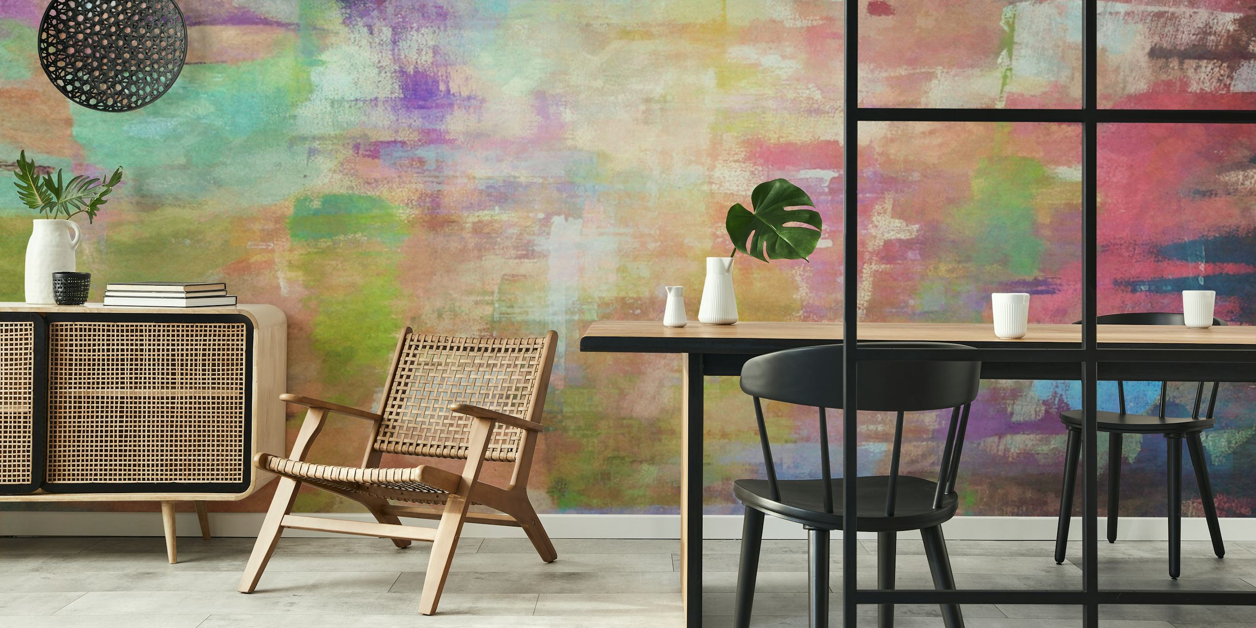 Abstract panoramic wall mural with expressive color strokes