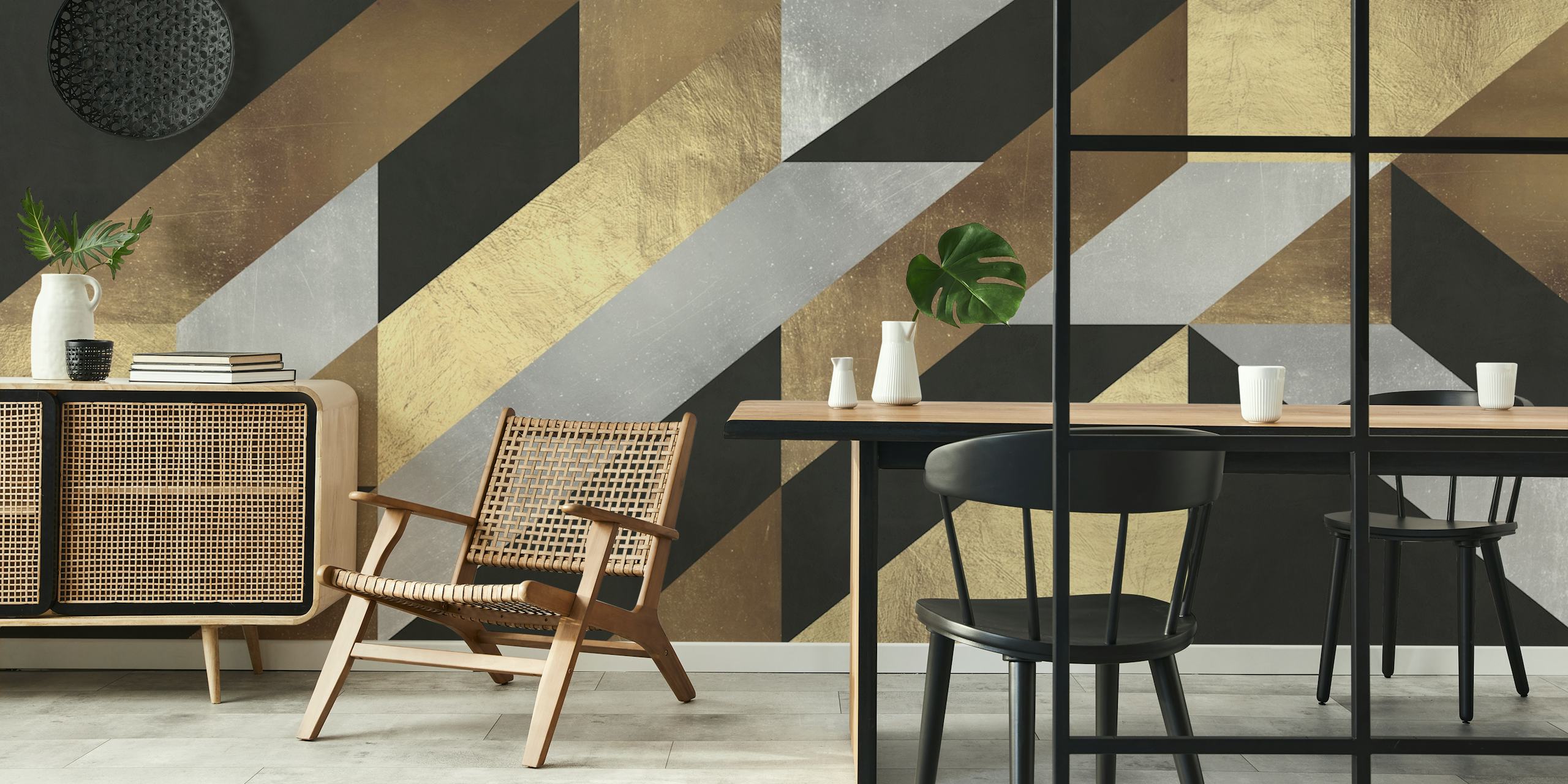 Geometric gold, silver, and black design wallpaper