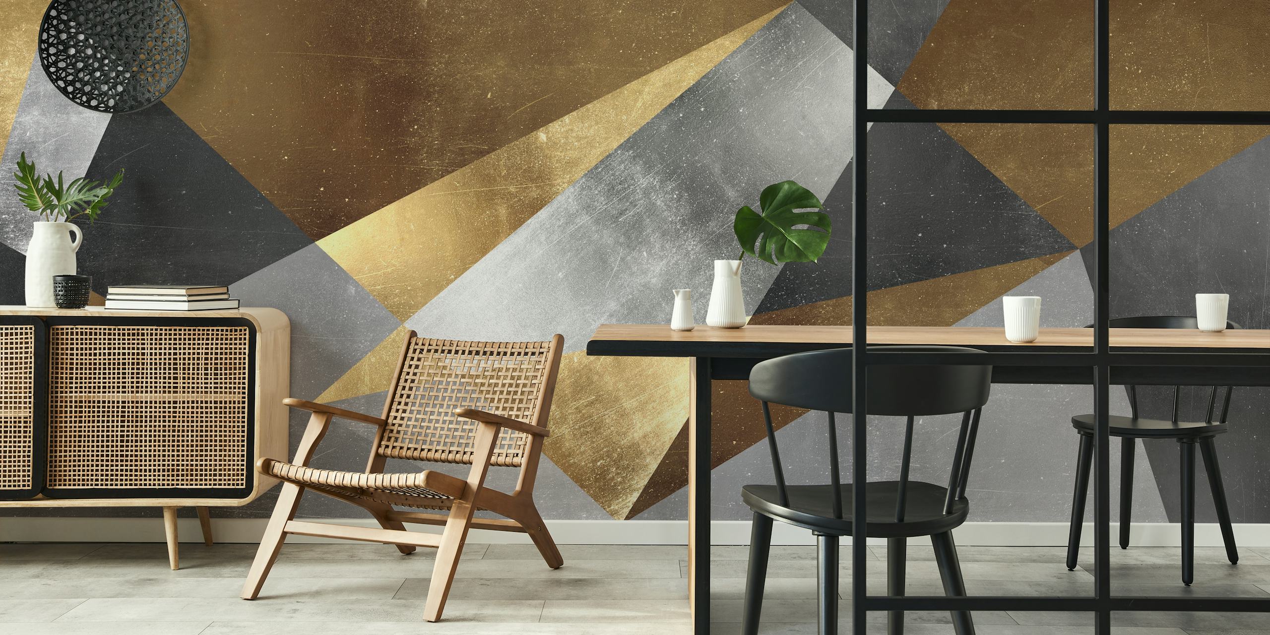 Geometric patterns in gold, silver, and black wallpaper