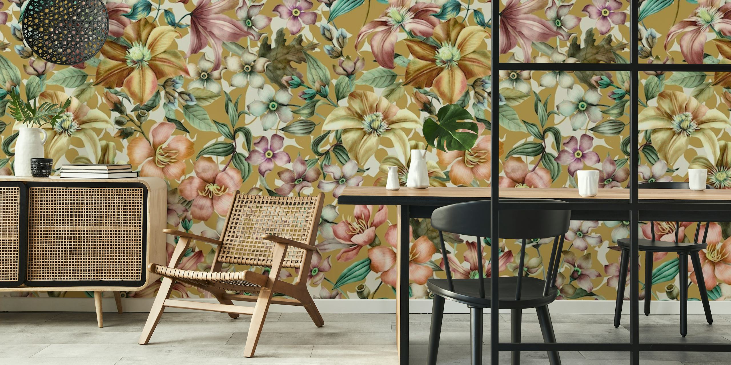 Vintage dramatic garden wall mural with floral patterns