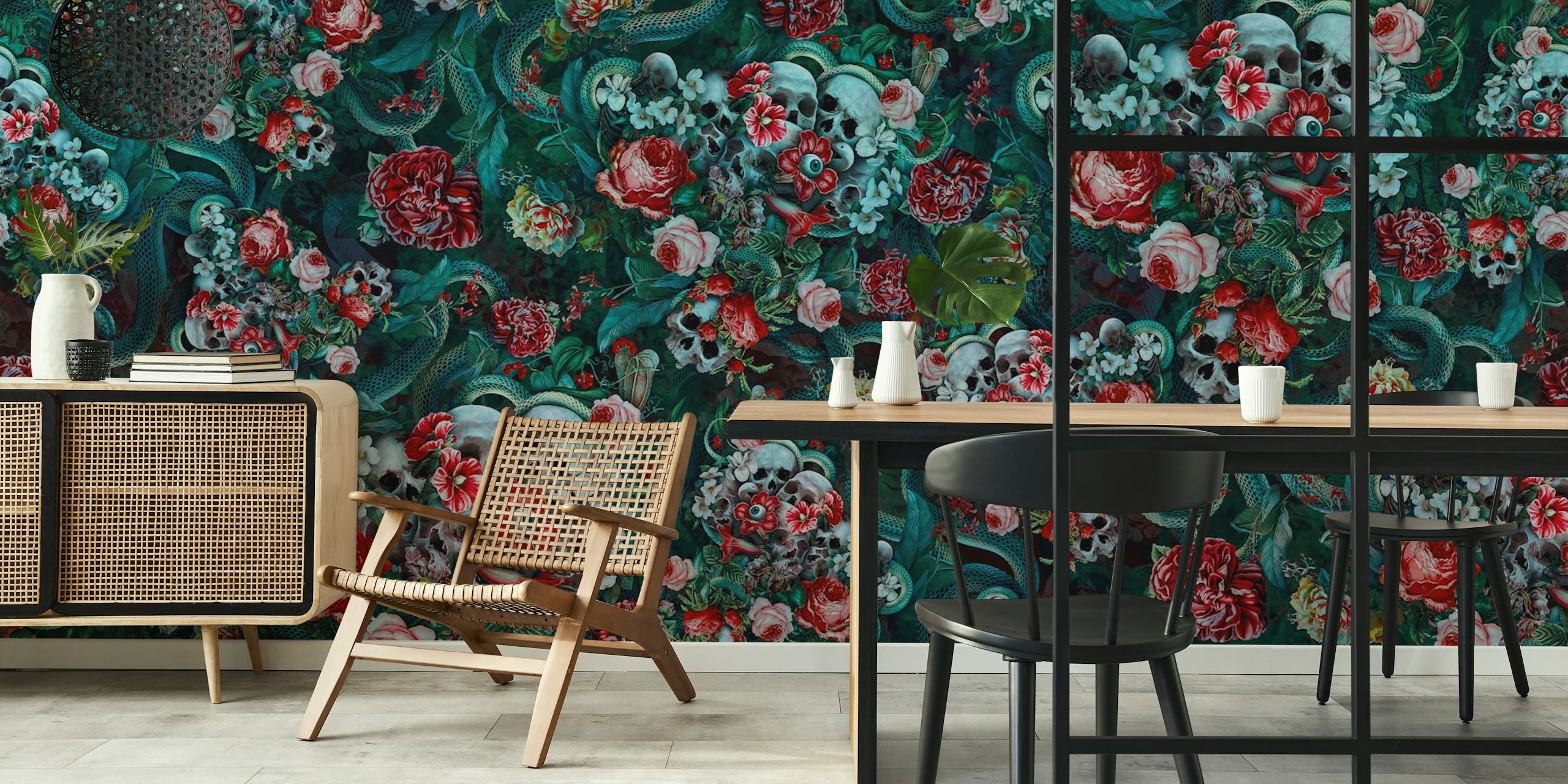 Dark floral wallpaper with skulls, red roses, and green foliage