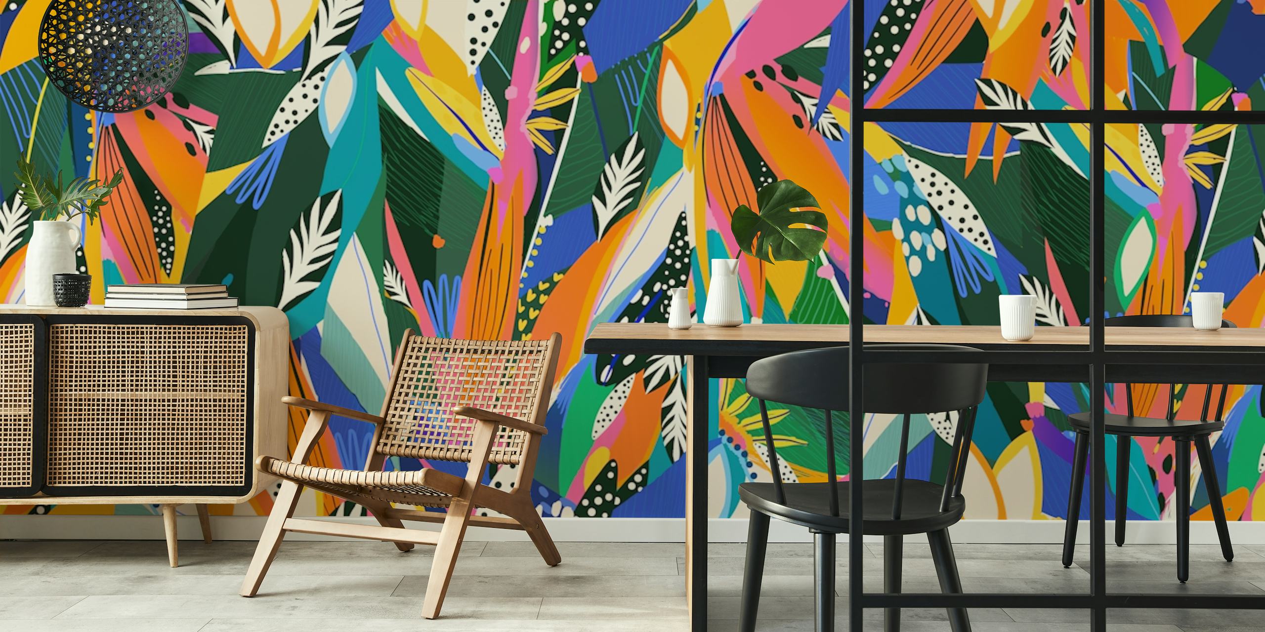 Colorful tropical abstract wallpaper with green, orange, pink, and blue patterns