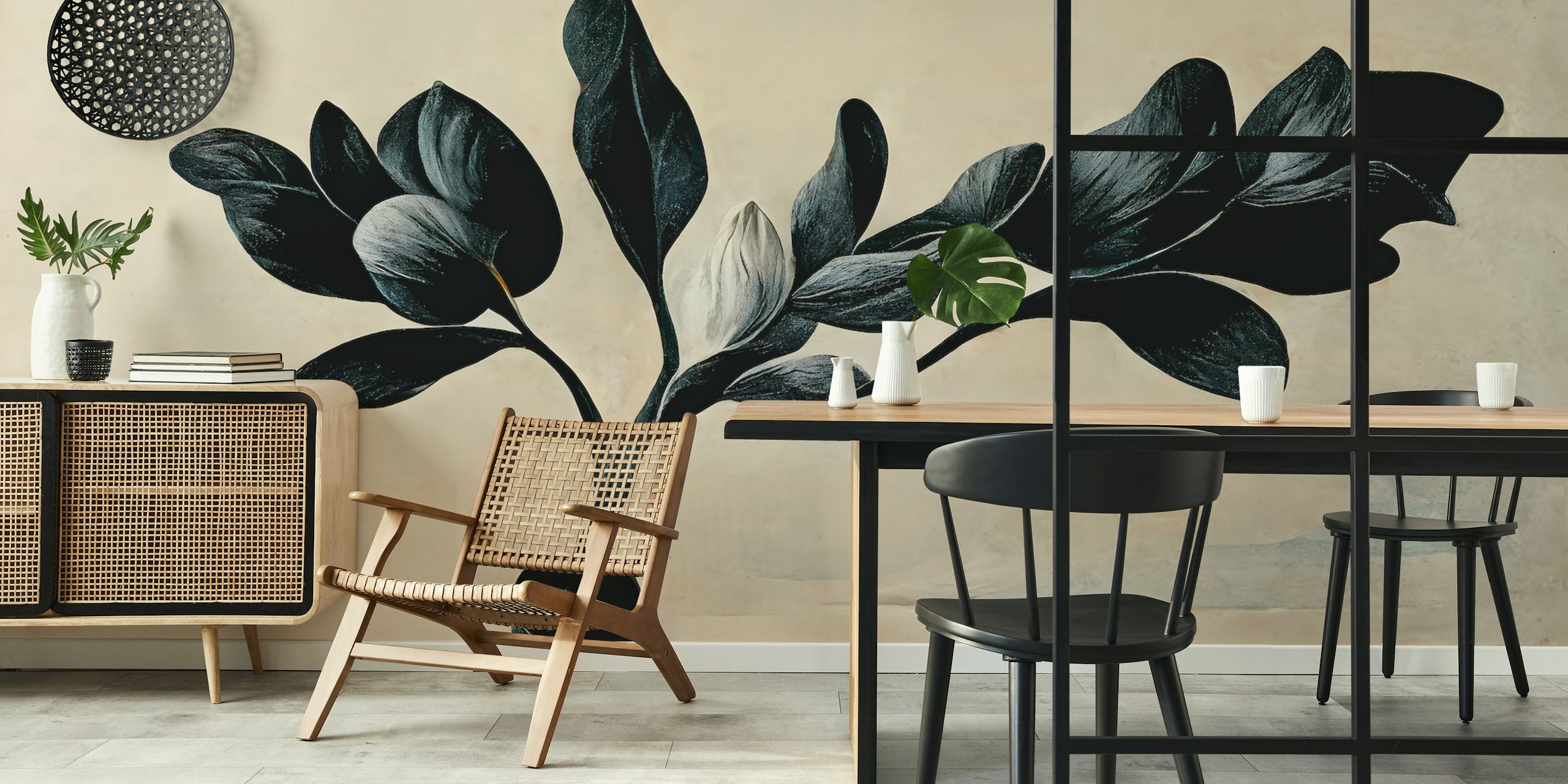 Black magnolia flowers and leaves on light background wallpaper