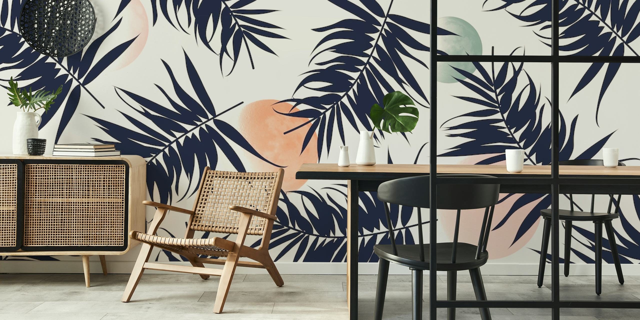 Retro tropical wallpaper featuring palm leaves