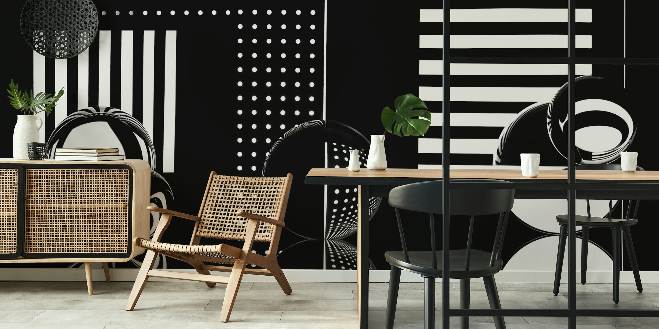 Geometric black and white wallpaper with stripes and dots design.