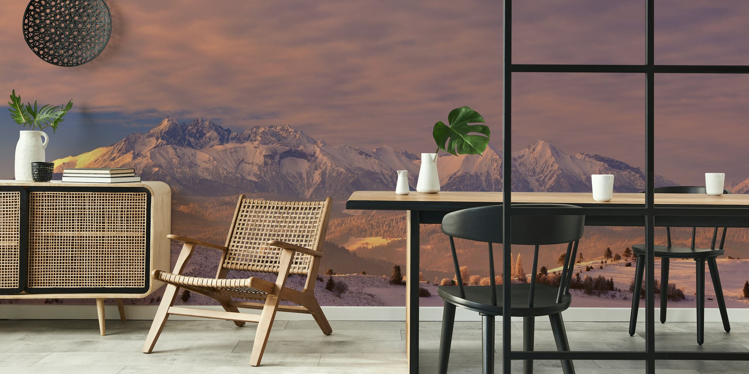 Tatra Mountains wall mural with snow-capped peaks and warm sky