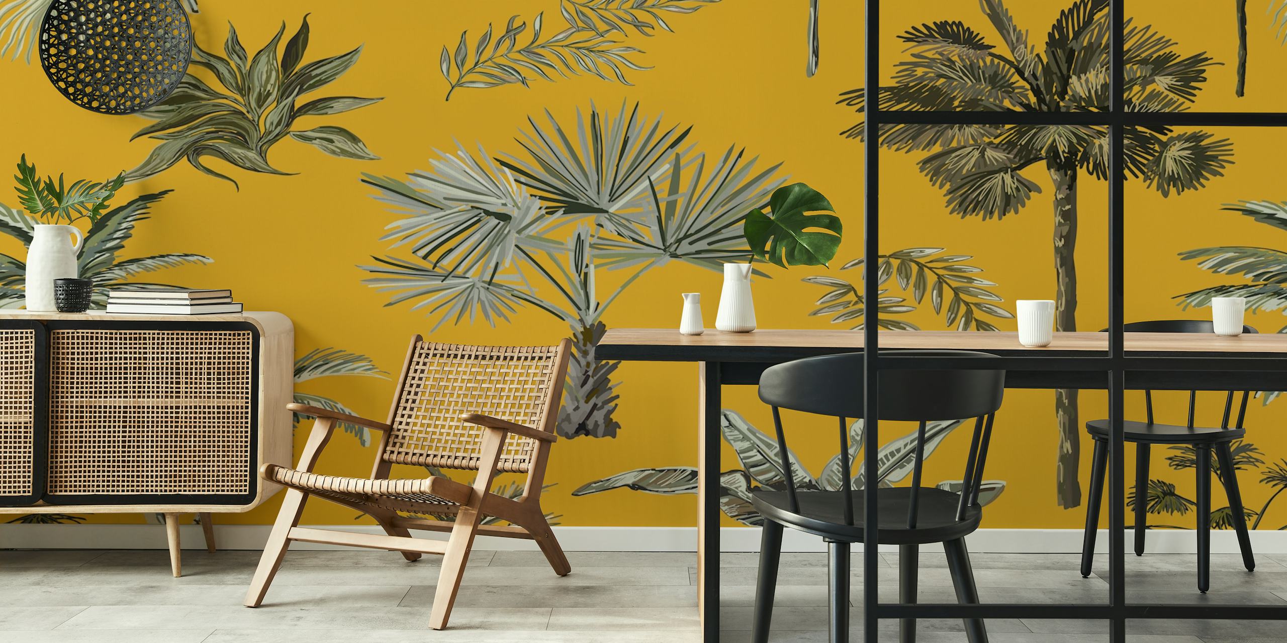 Tropical palm leaves in green and gray tones on yellow wallpaper