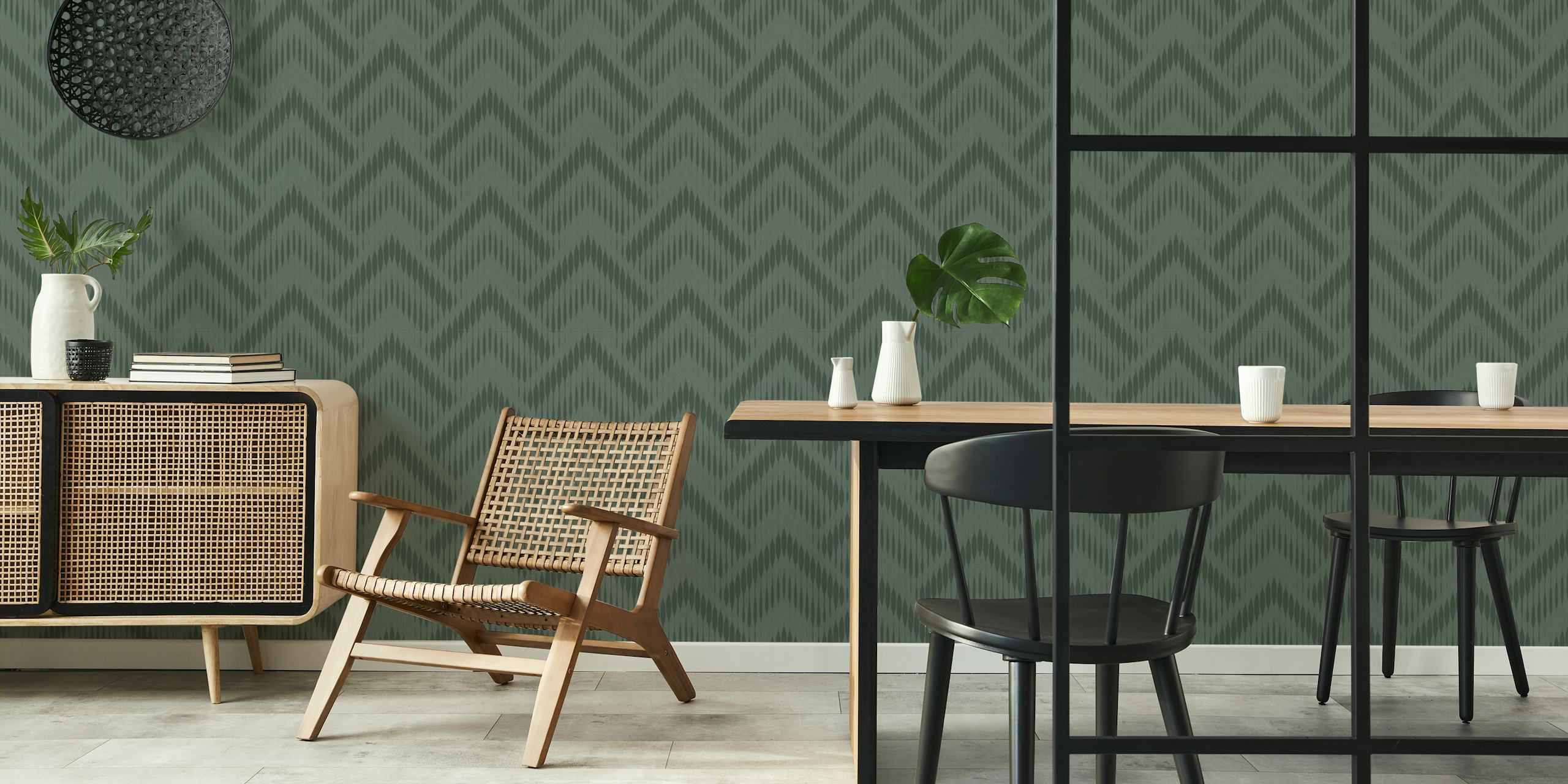 Boho geometrico green wallpaper in a room