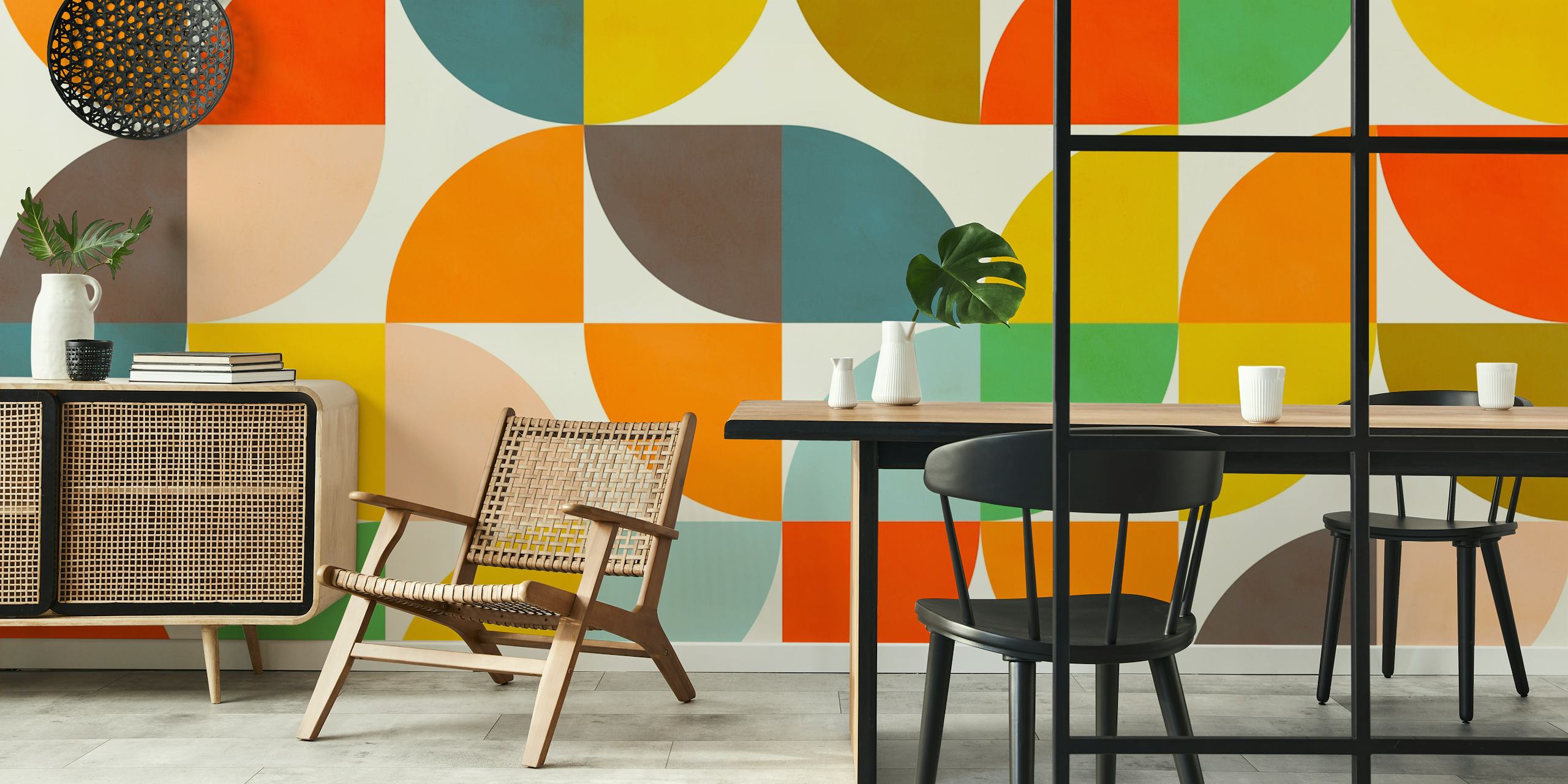 Carta da parati Geometric mid century shapes in una stanza