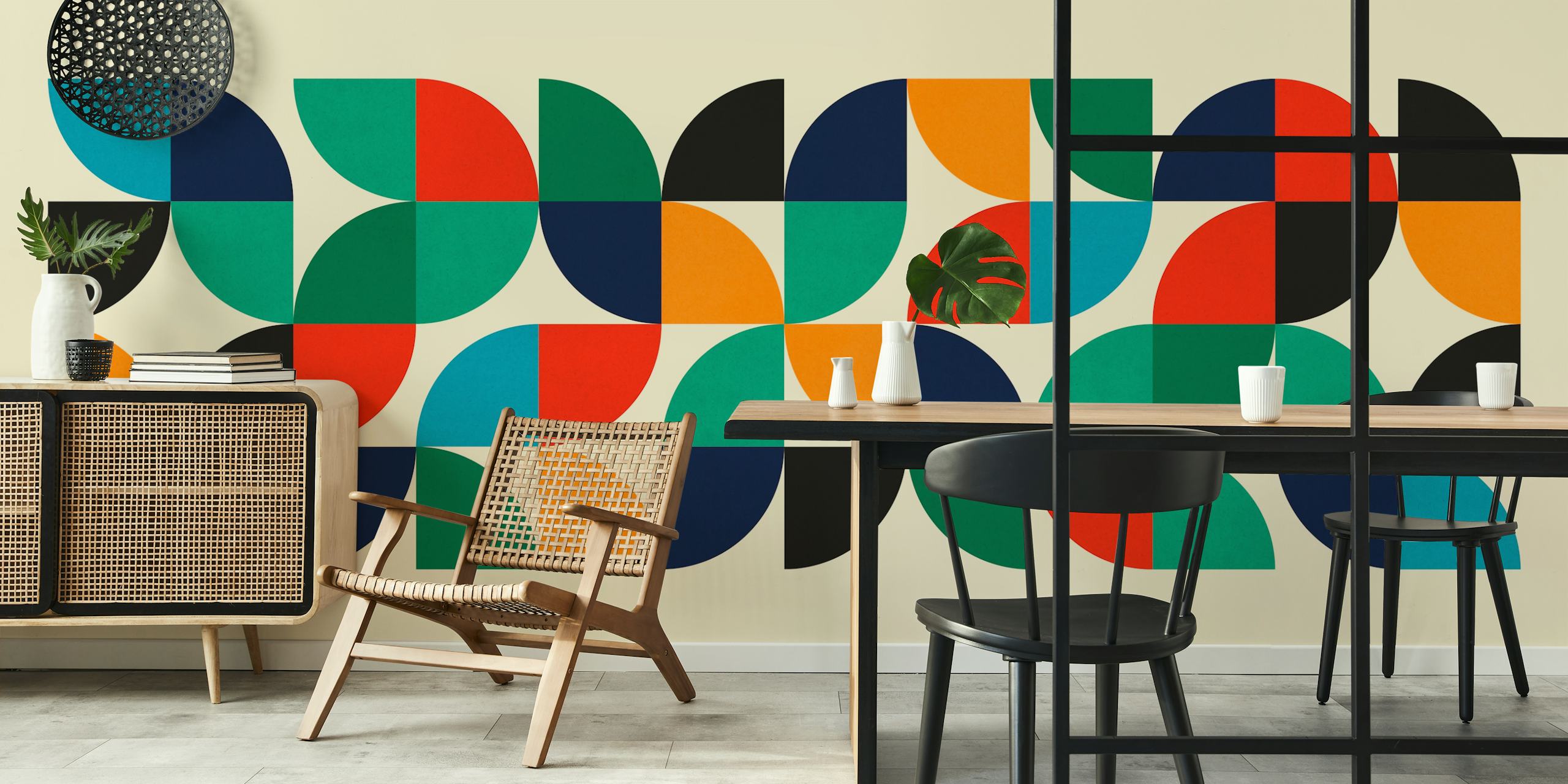 Bunte geometrische Muster in roten, grünen und blauen Tönen, moderne Tapete