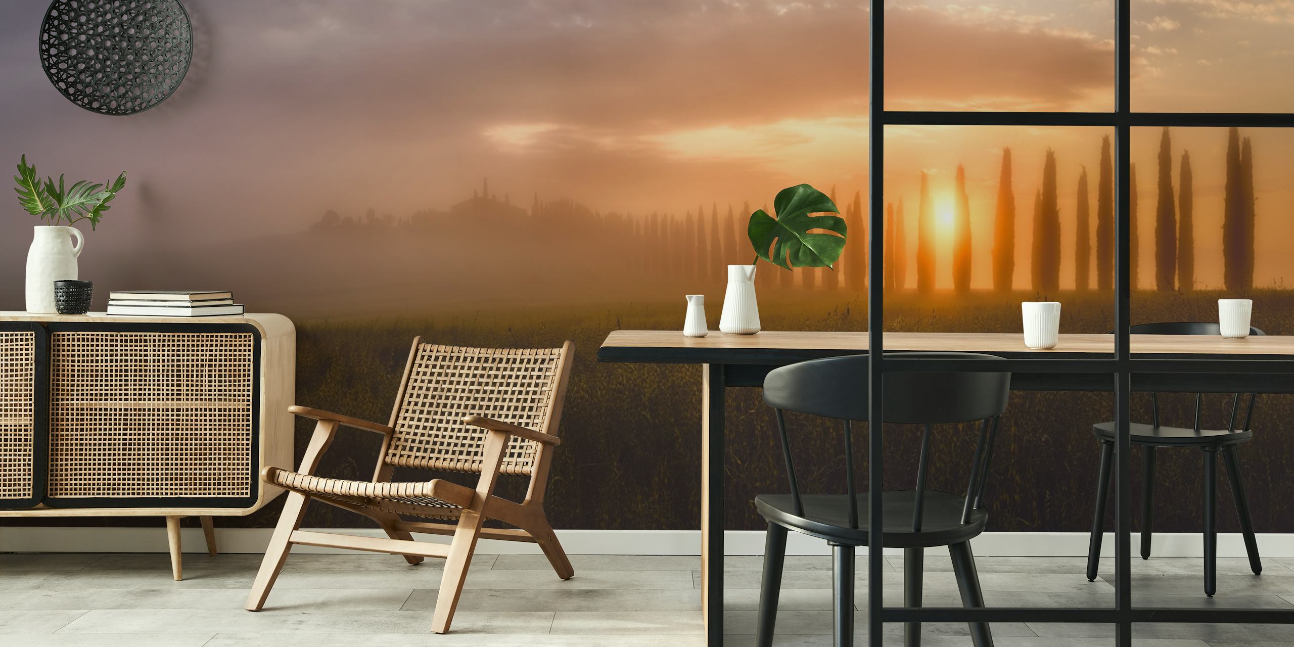 Tuscany sunrise landscape wallpaper featuring misty hills, cypress trees, and warm sunrise colors
