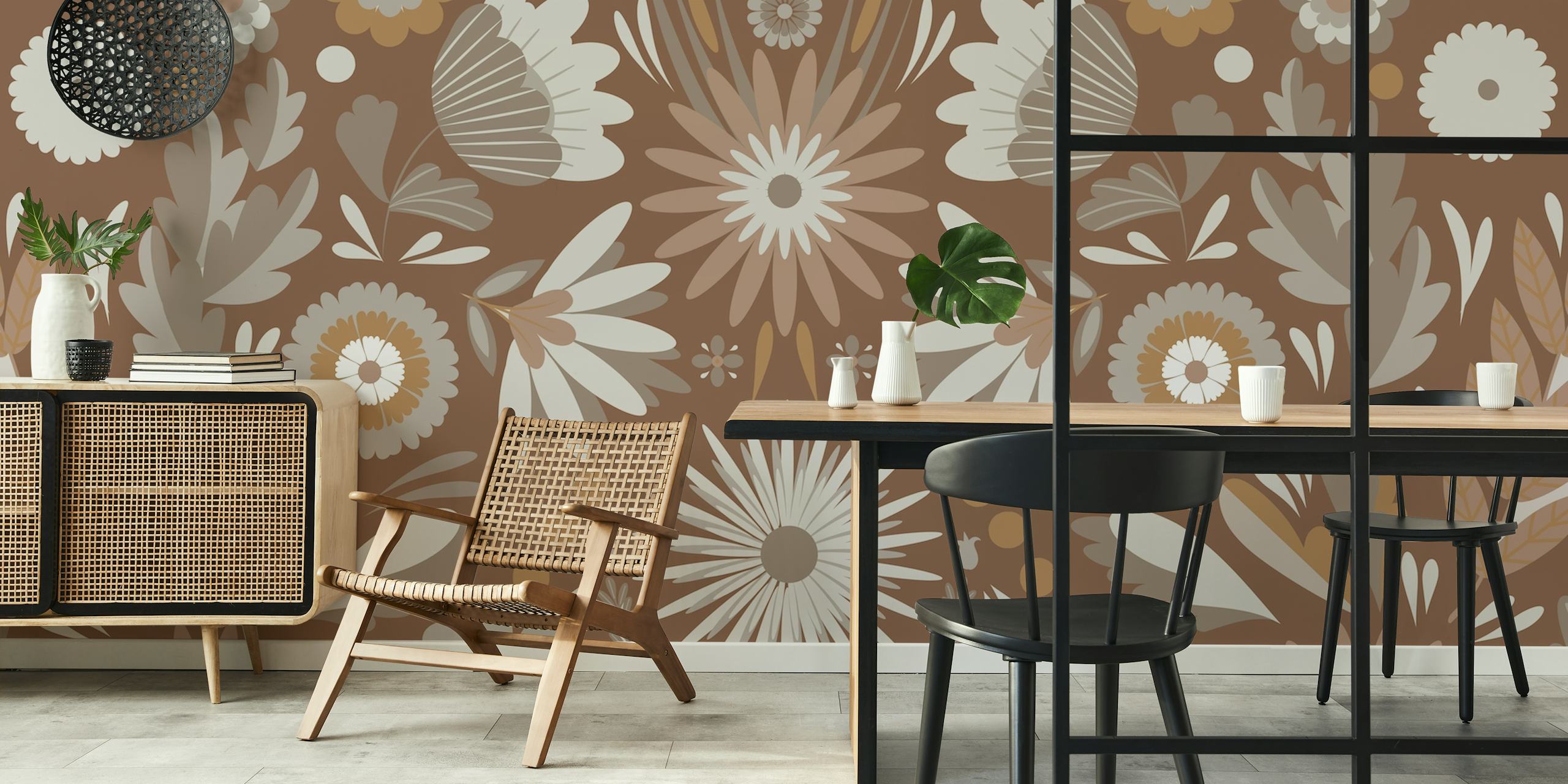 Brown floral pattern with various flowers and leaves wallpaper