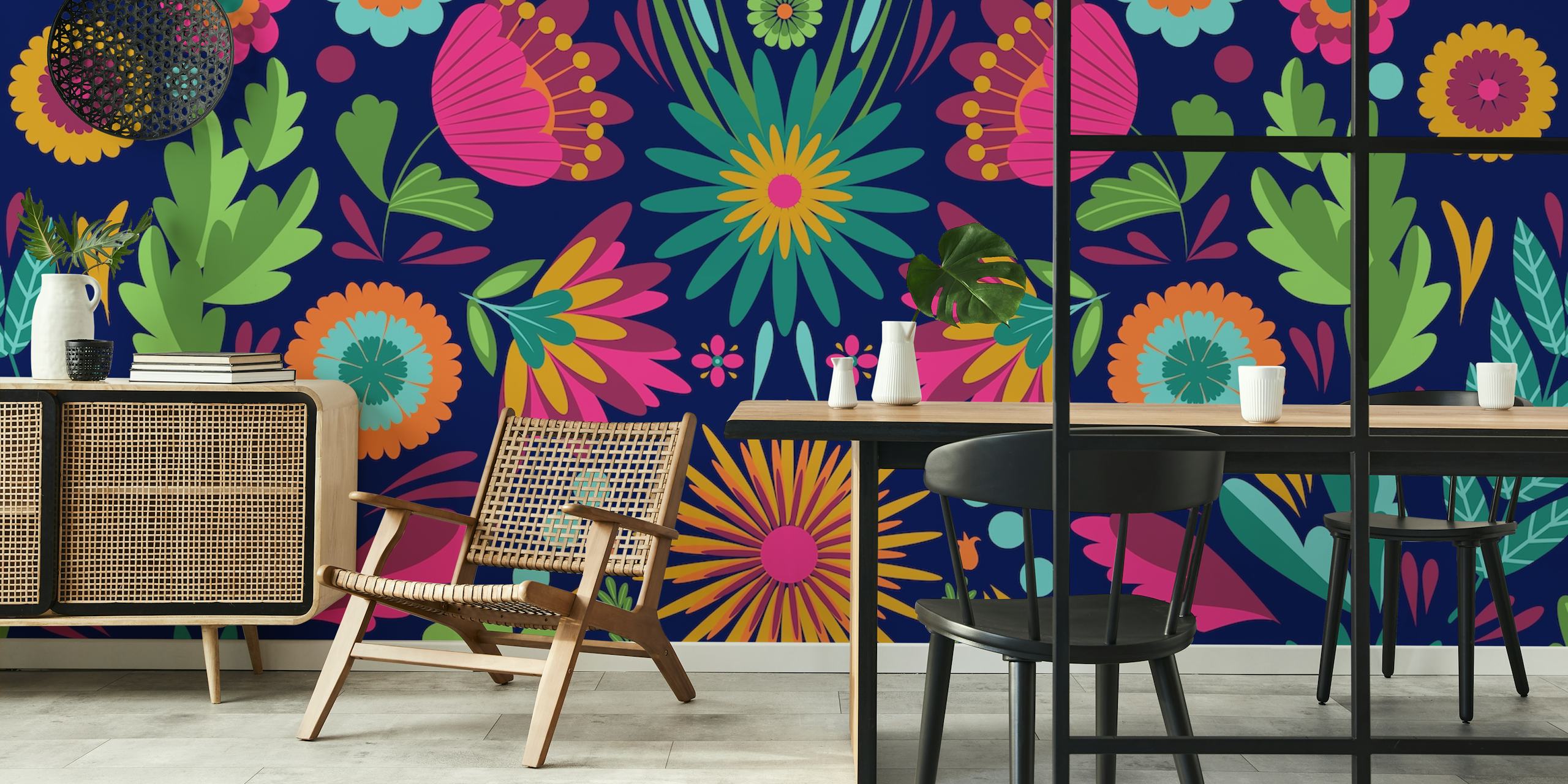 Nástěnná malba Frida Flowers Blue se zářivými barvami a květinovými vzory inspirovanými lidovým uměním