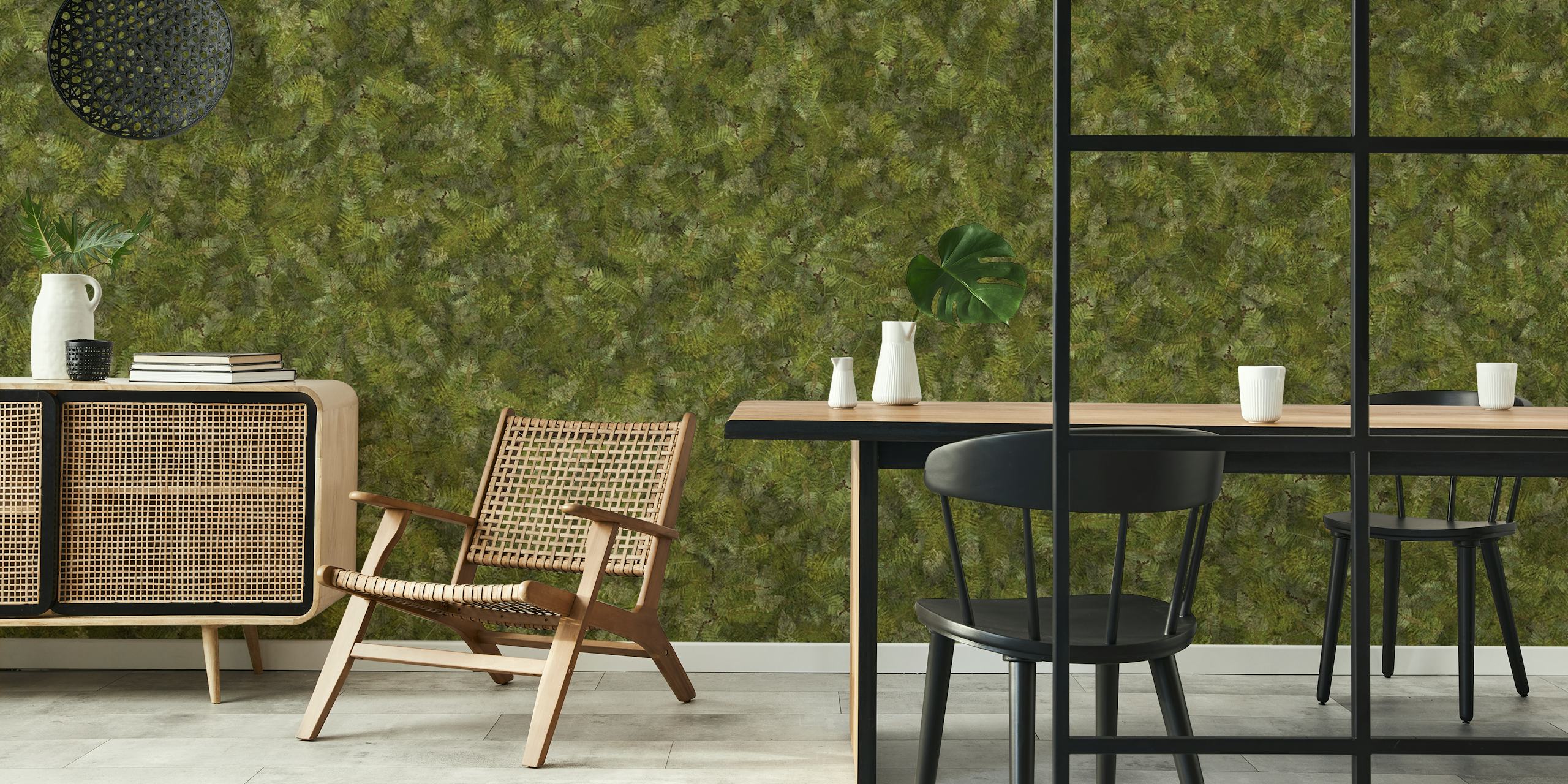 Deep green fern wallpaper in a room