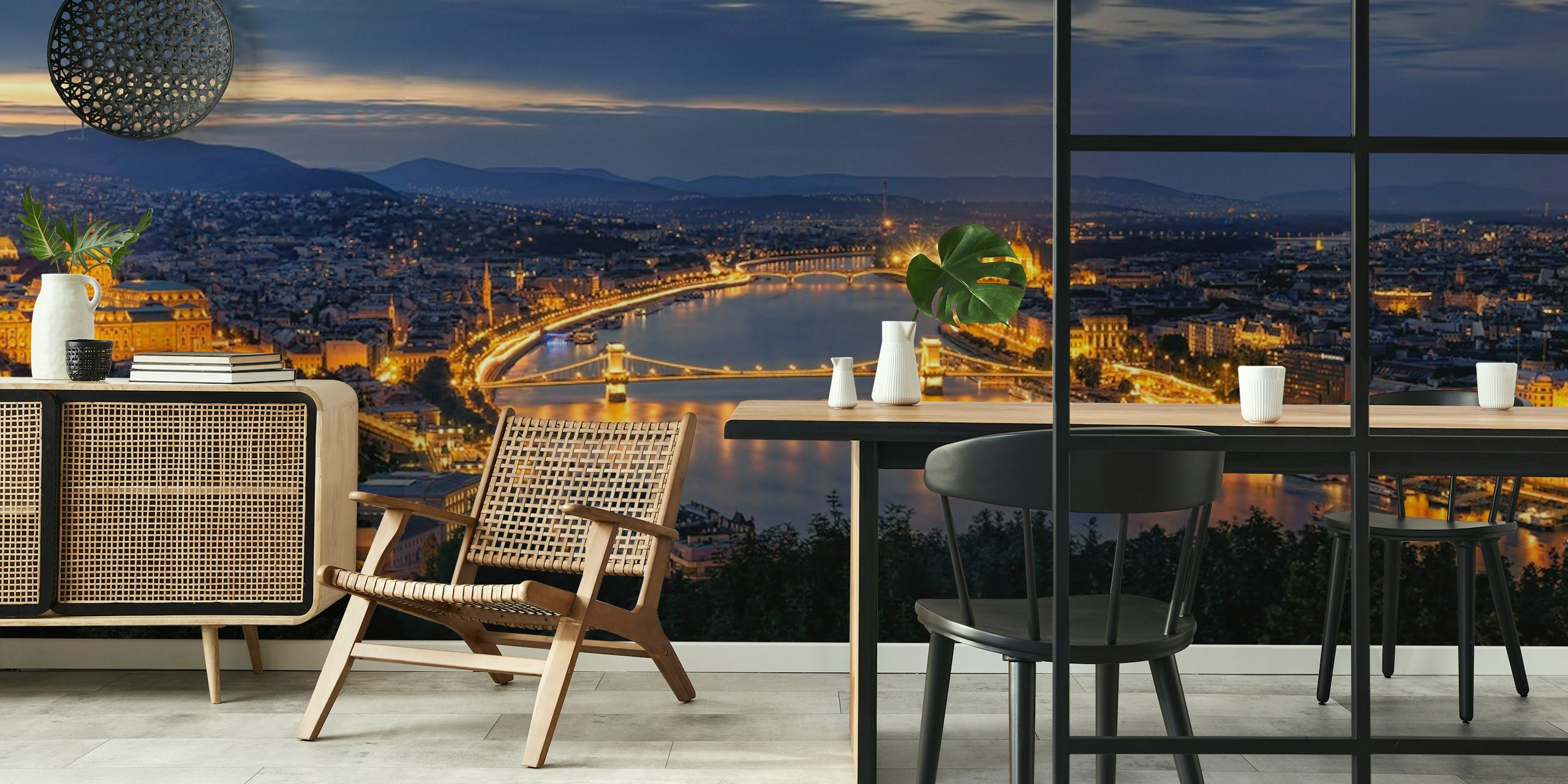 Panoramę Budapesztu o zmierzchu z oświetlonymi punktami orientacyjnymi i fototapetą z rzeką Dunaj