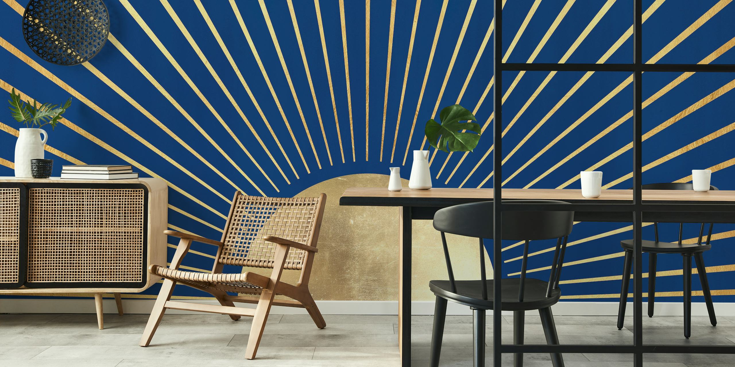 Artistic representation of sunrays mural with radial lines on a deep blue background