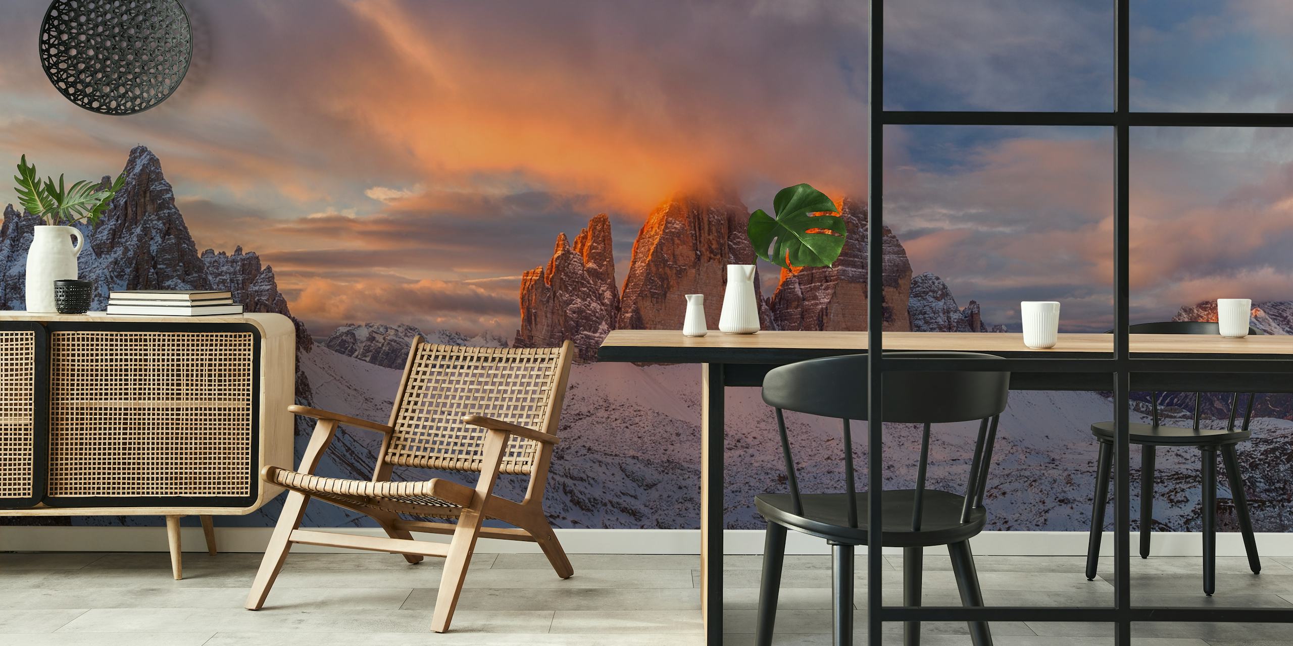 Mountain landscape with sunset hues and snowy peaks wallpaper