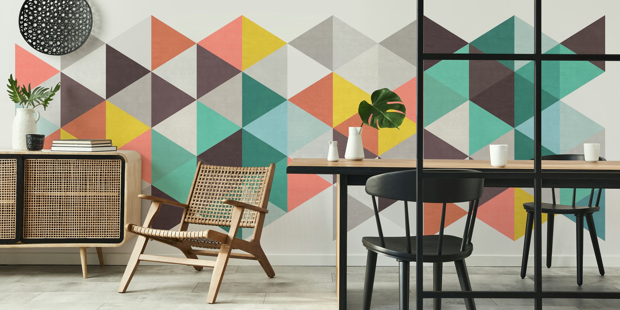 Colorful geometric triangular pattern wall mural for modern interior decor.