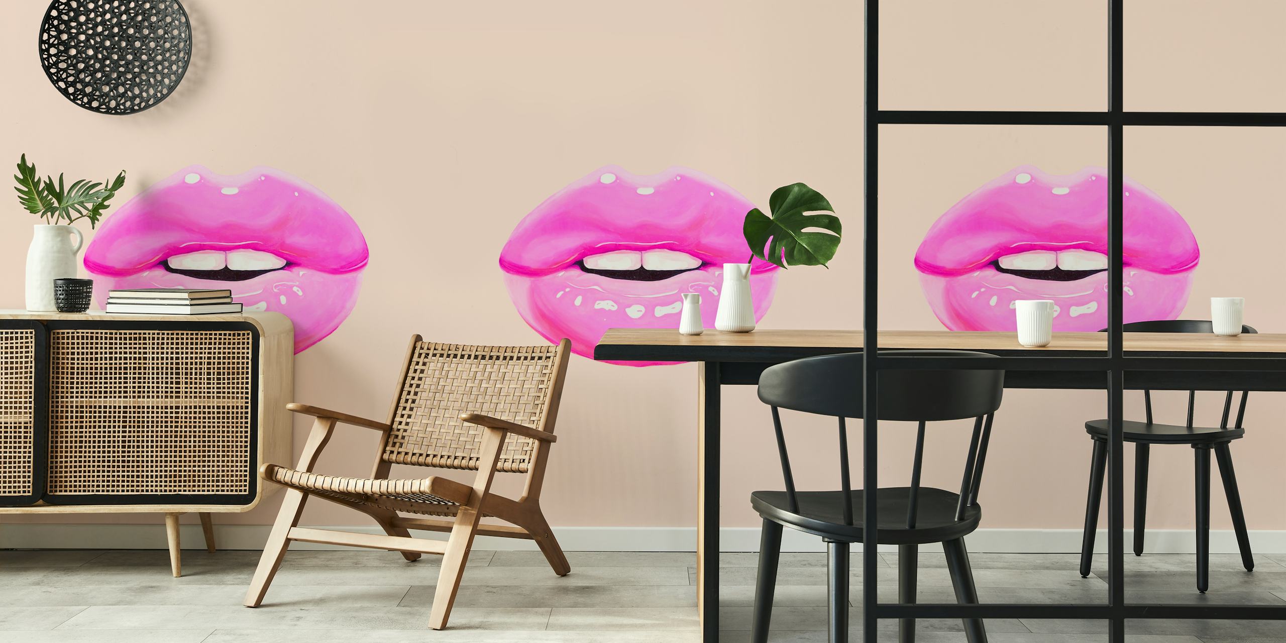 Three pink lips on a beige background wall mural.