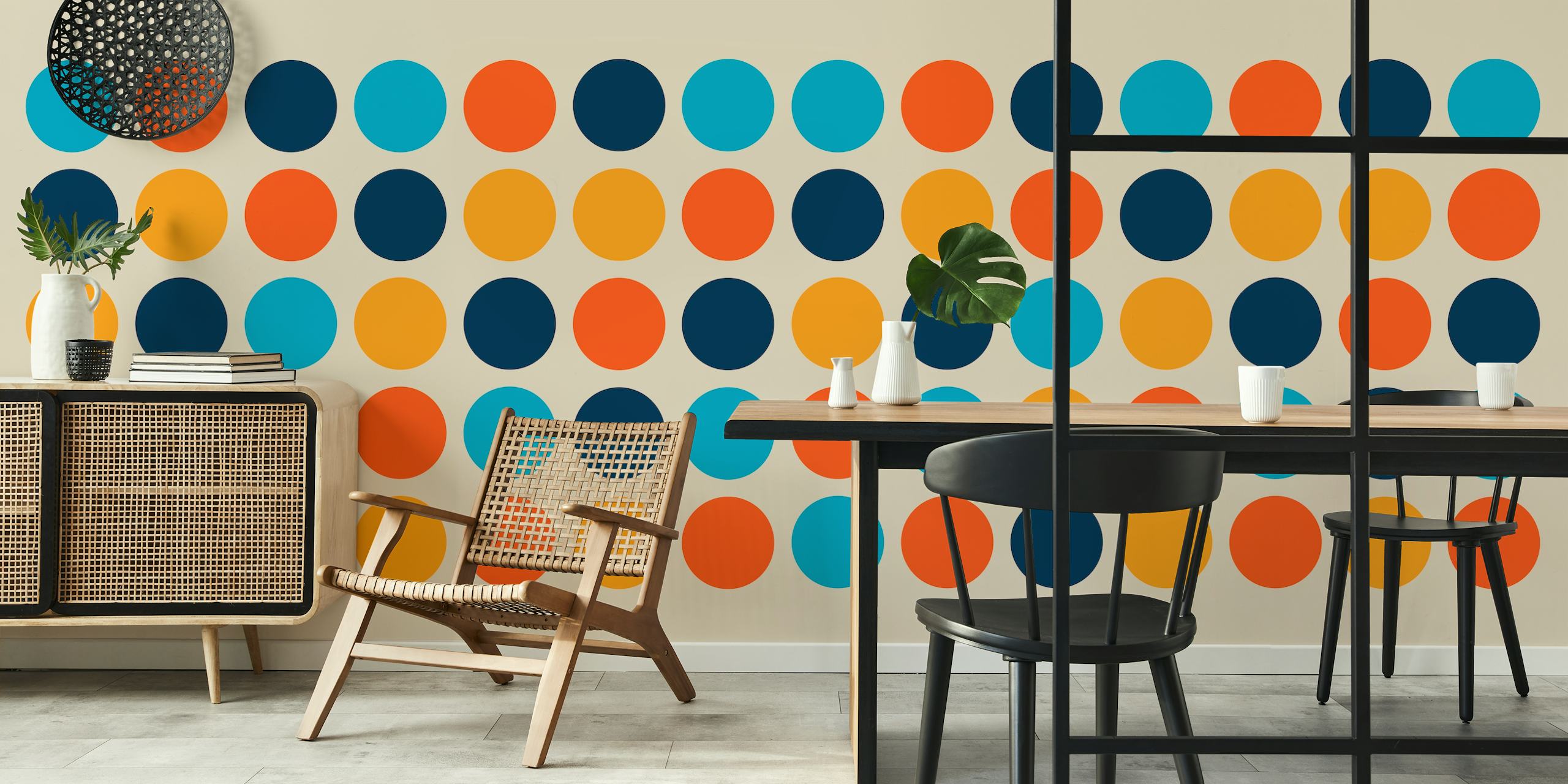 Fototapeta s geometrickým vzorem kruhu v modré a oranžové barvě