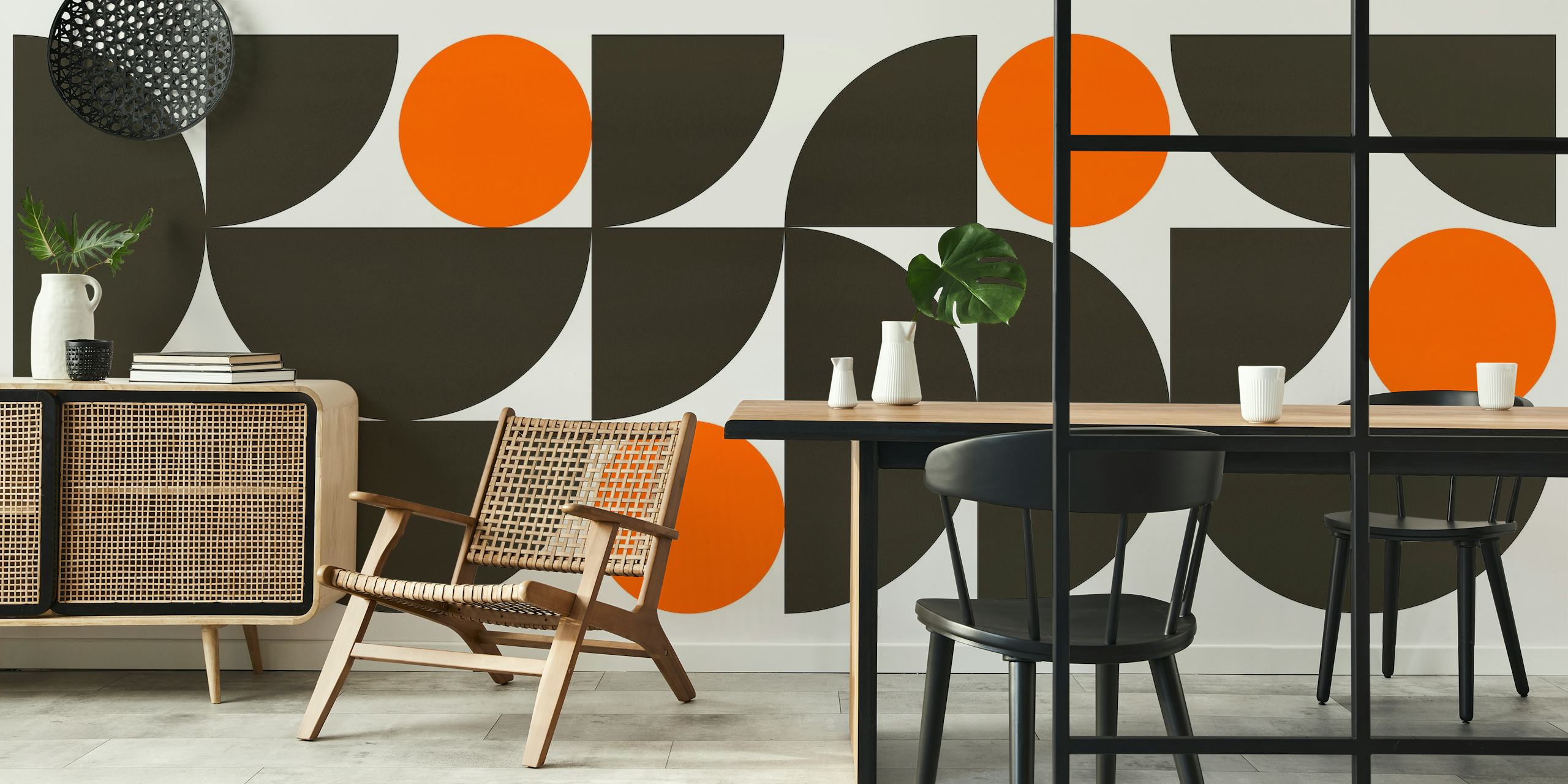 Abstract geometric wall mural with circles in black, white, and orange