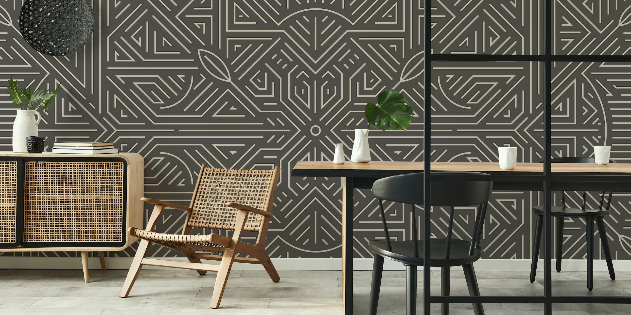 Mayan inspired wallpaper design in a room