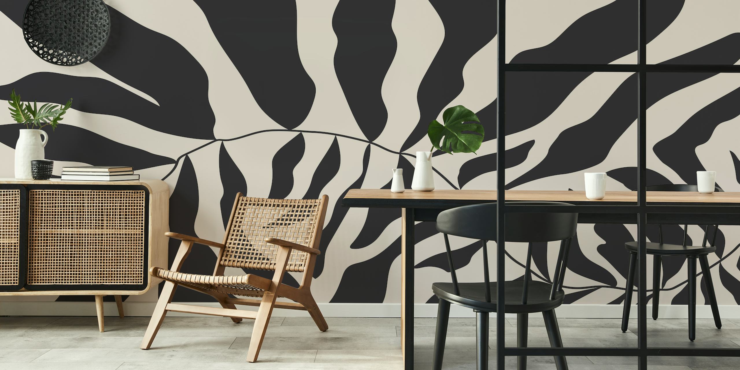 Black and white abstract Matisse-style wall mural depicting organic shapes