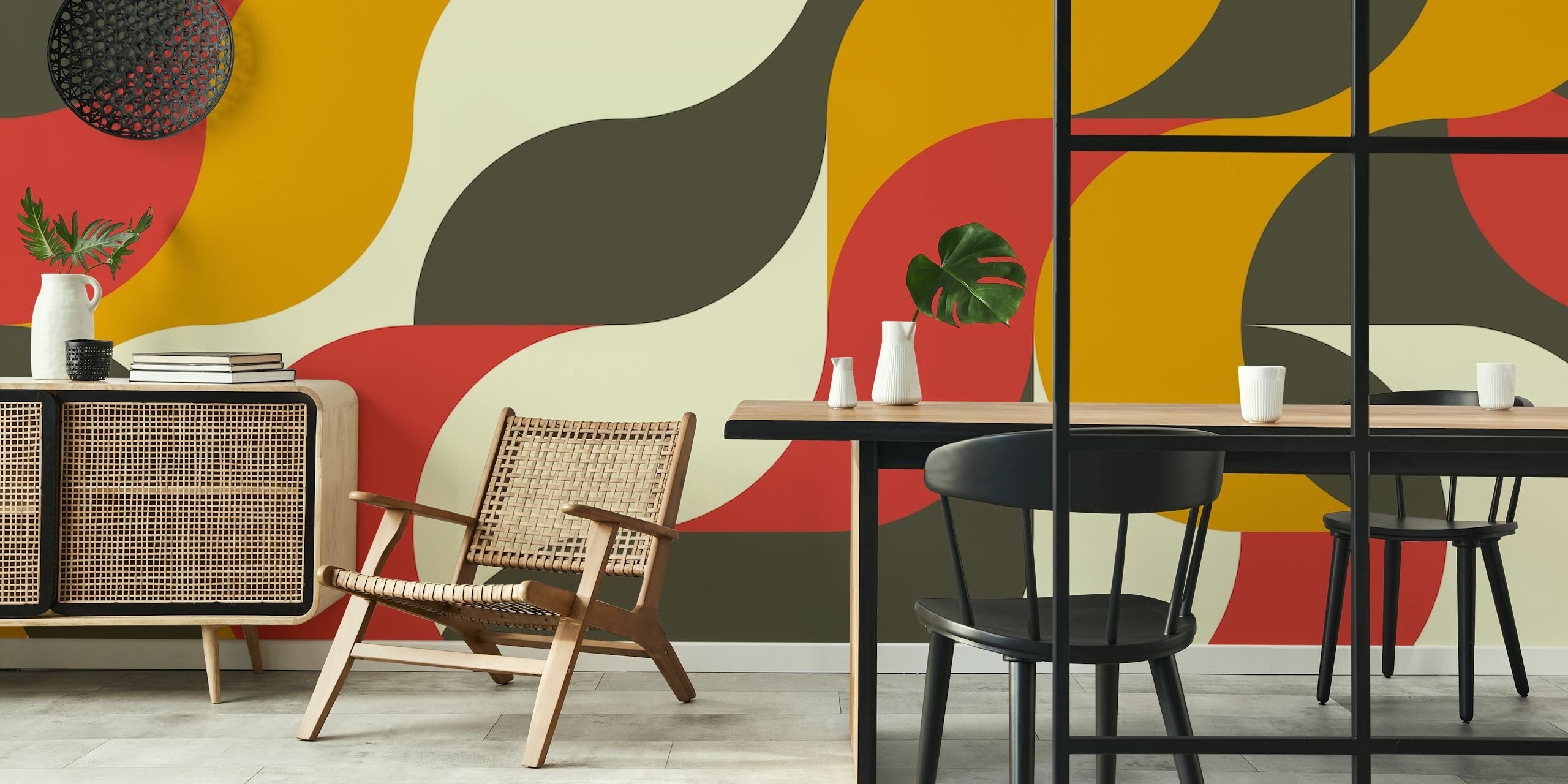 Mid Century Munich wall mural with abstract swirls in earth tones