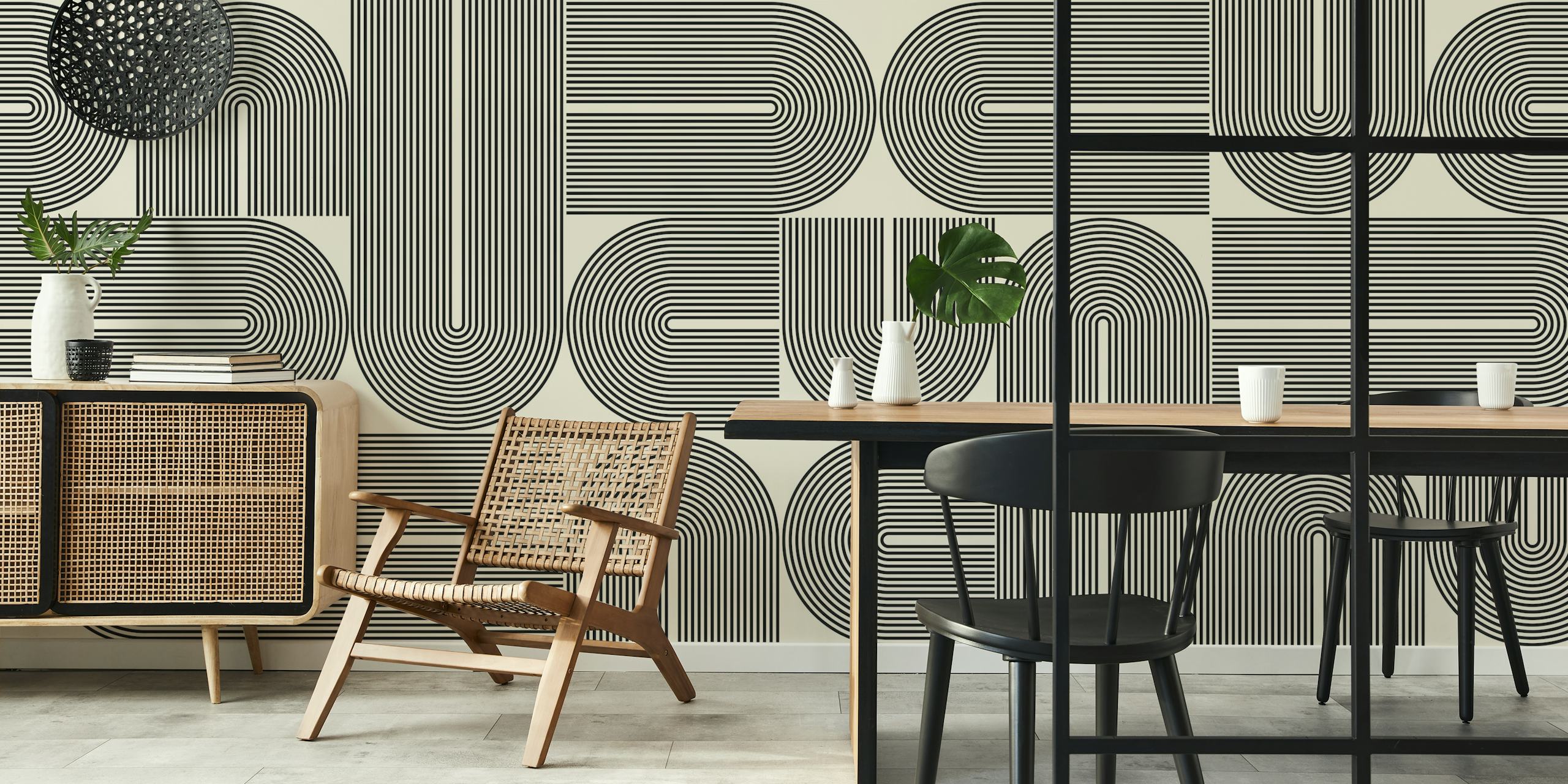 Geometric lines and circles in black and white wallpaper