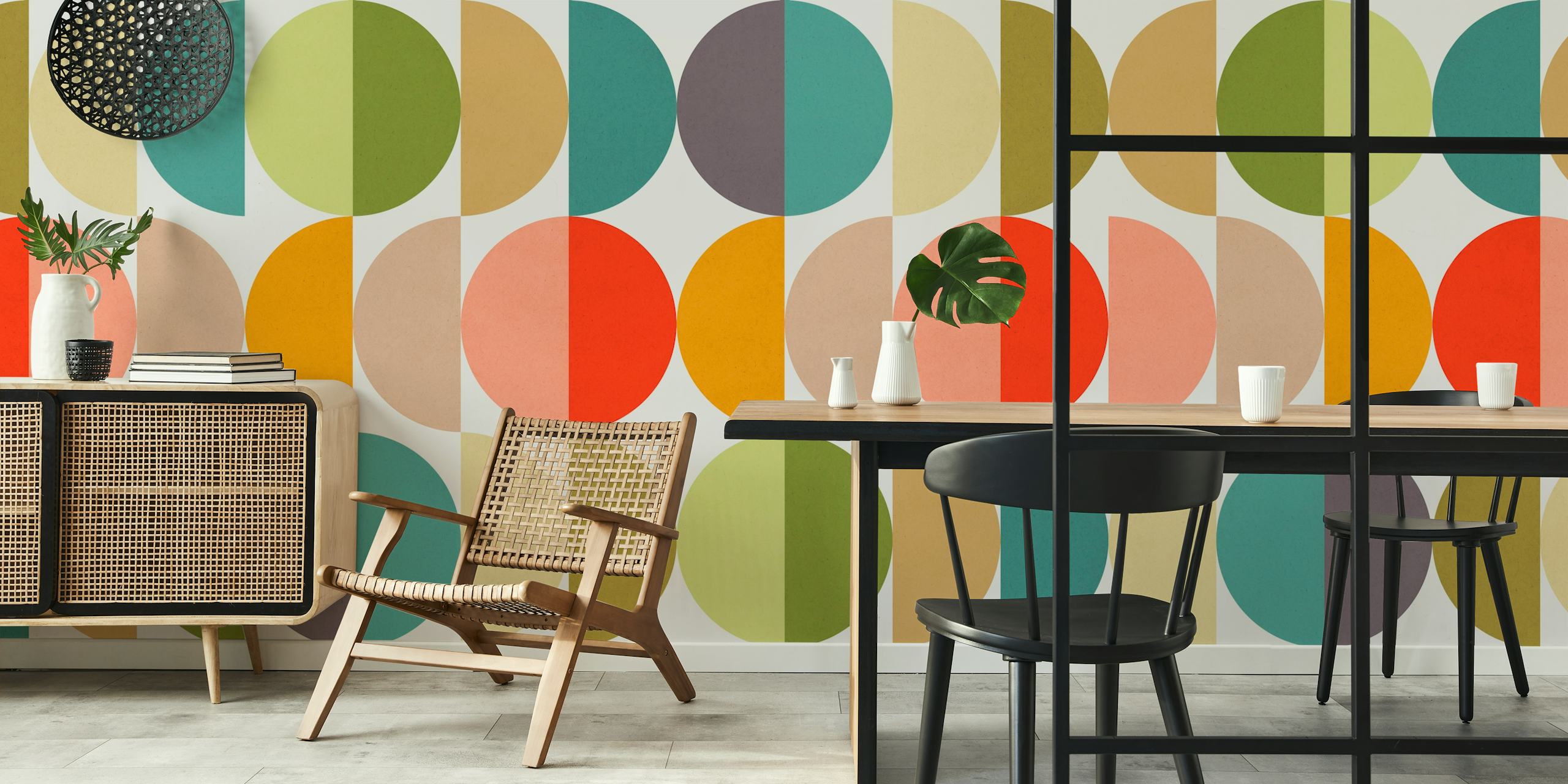 Colorful geometric circles in various shades on wallpaper