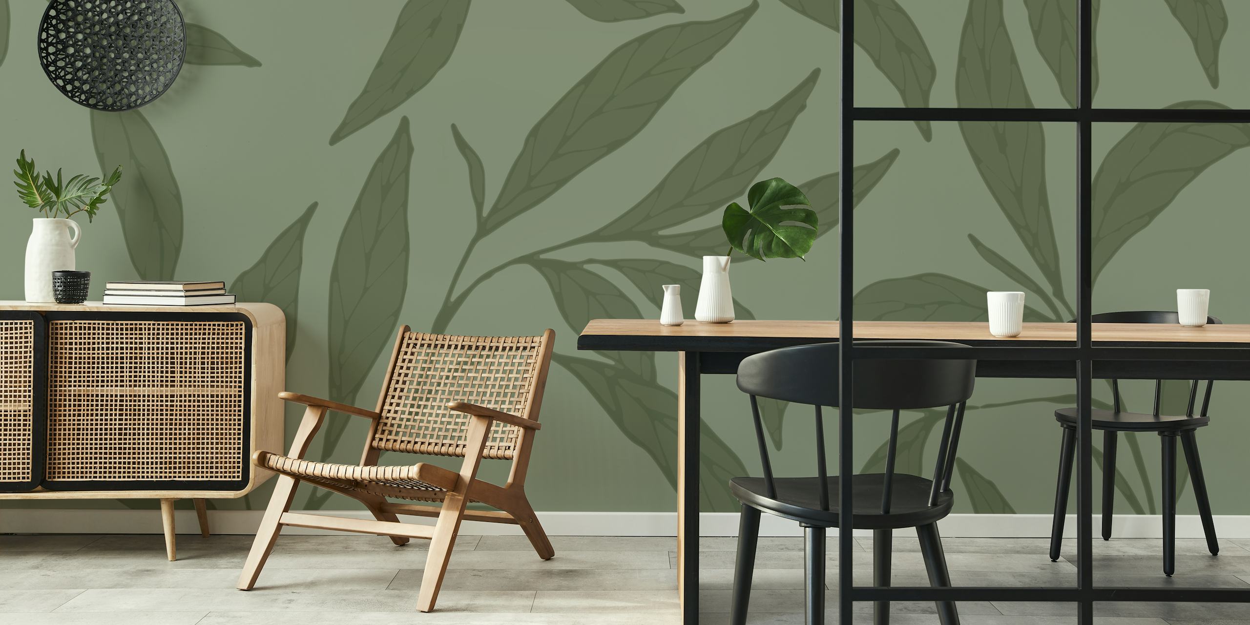 Green tea leaves wall mural with a calming botanical design