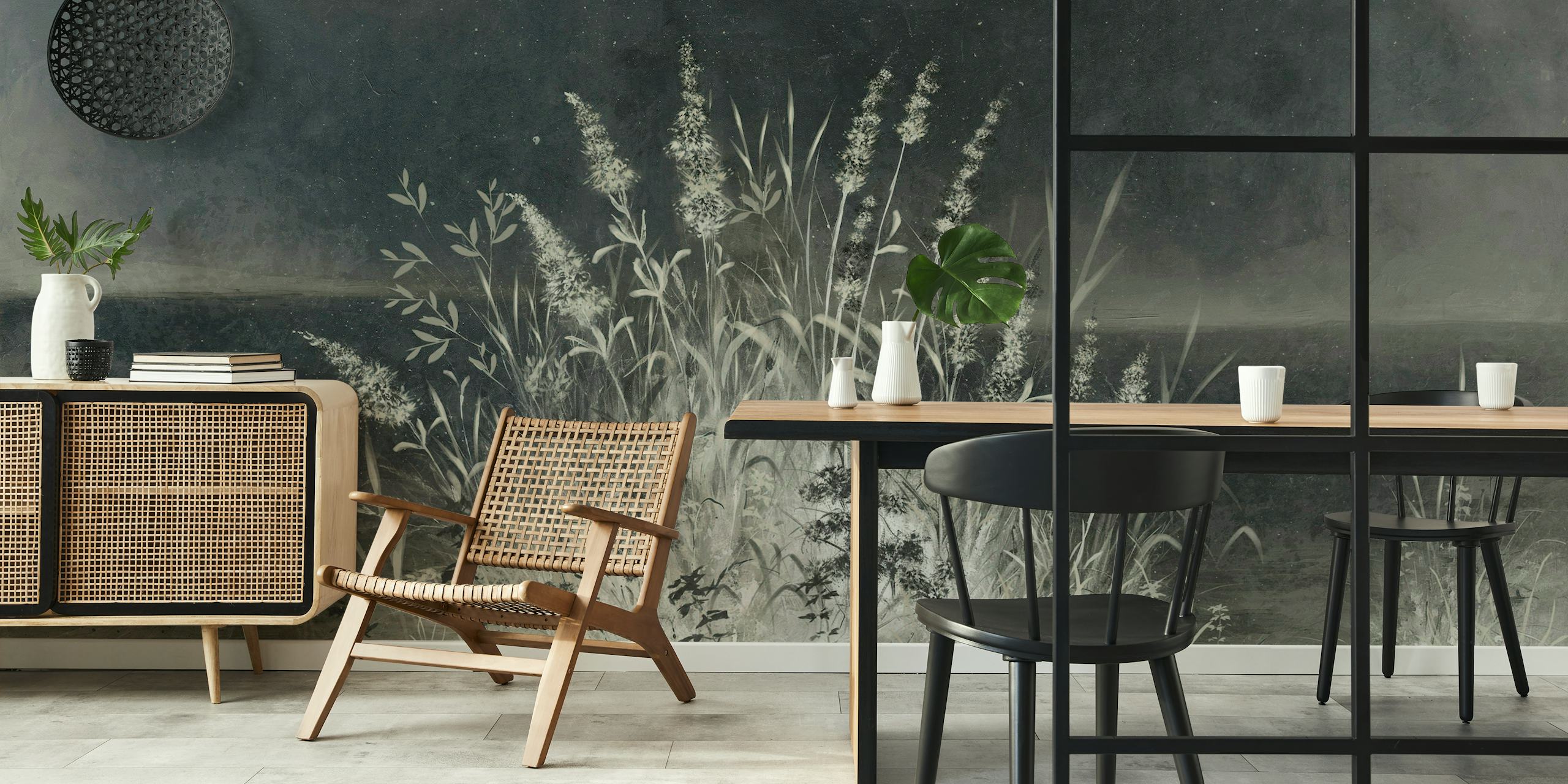 Monochrome wall mural of pampas grass at night, creating a tranquil ambiance for any interior.