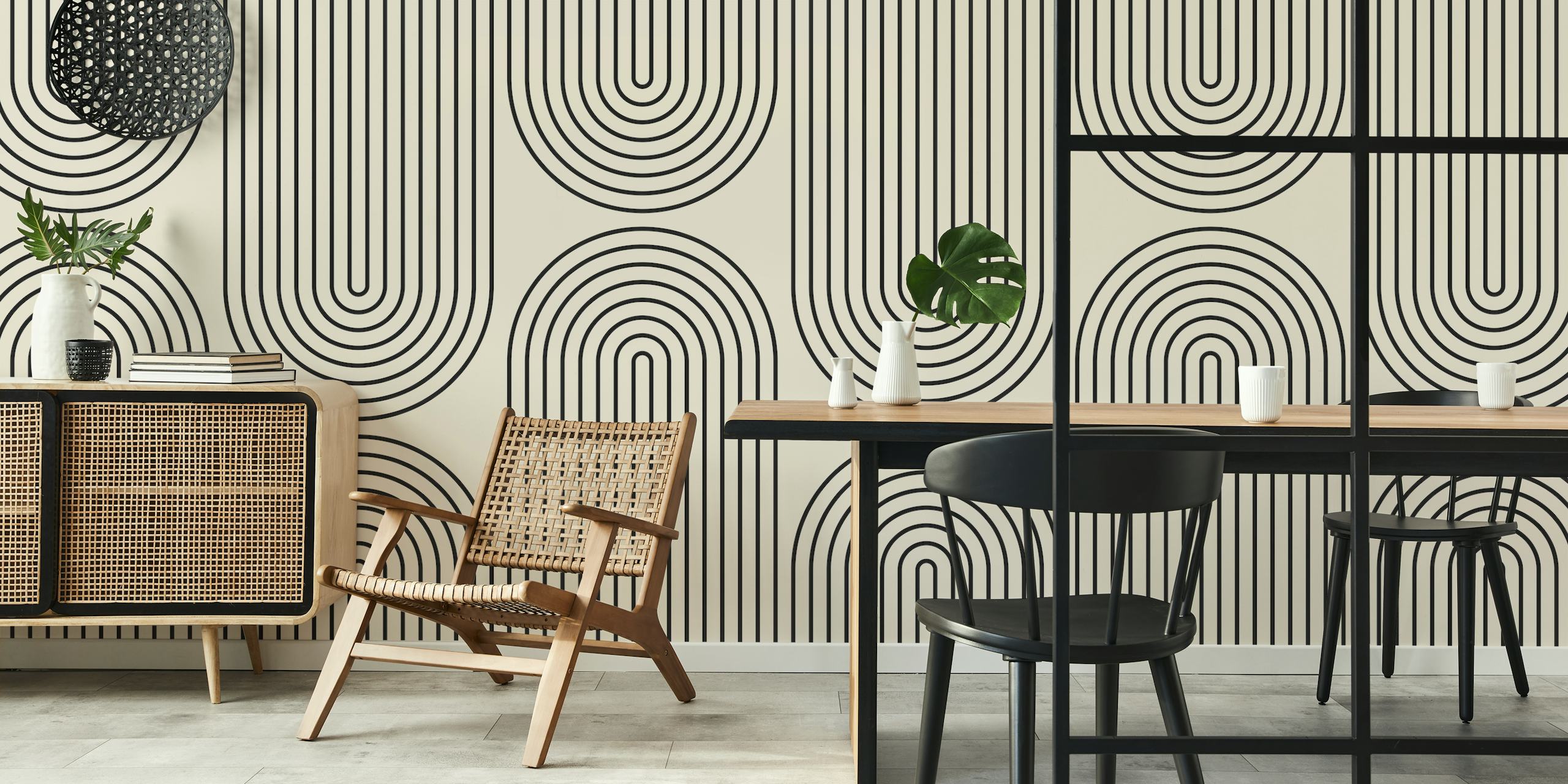 Geometric lines and circles in black and white wallpaper