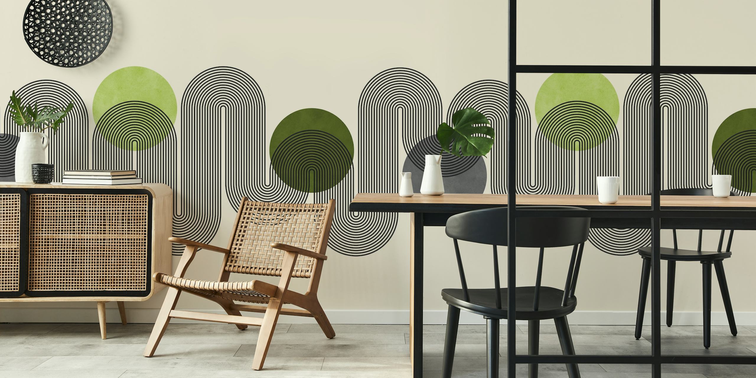 Minimalistisch patroon met lijnen en cirkels in grijs en groen voor muurschildering