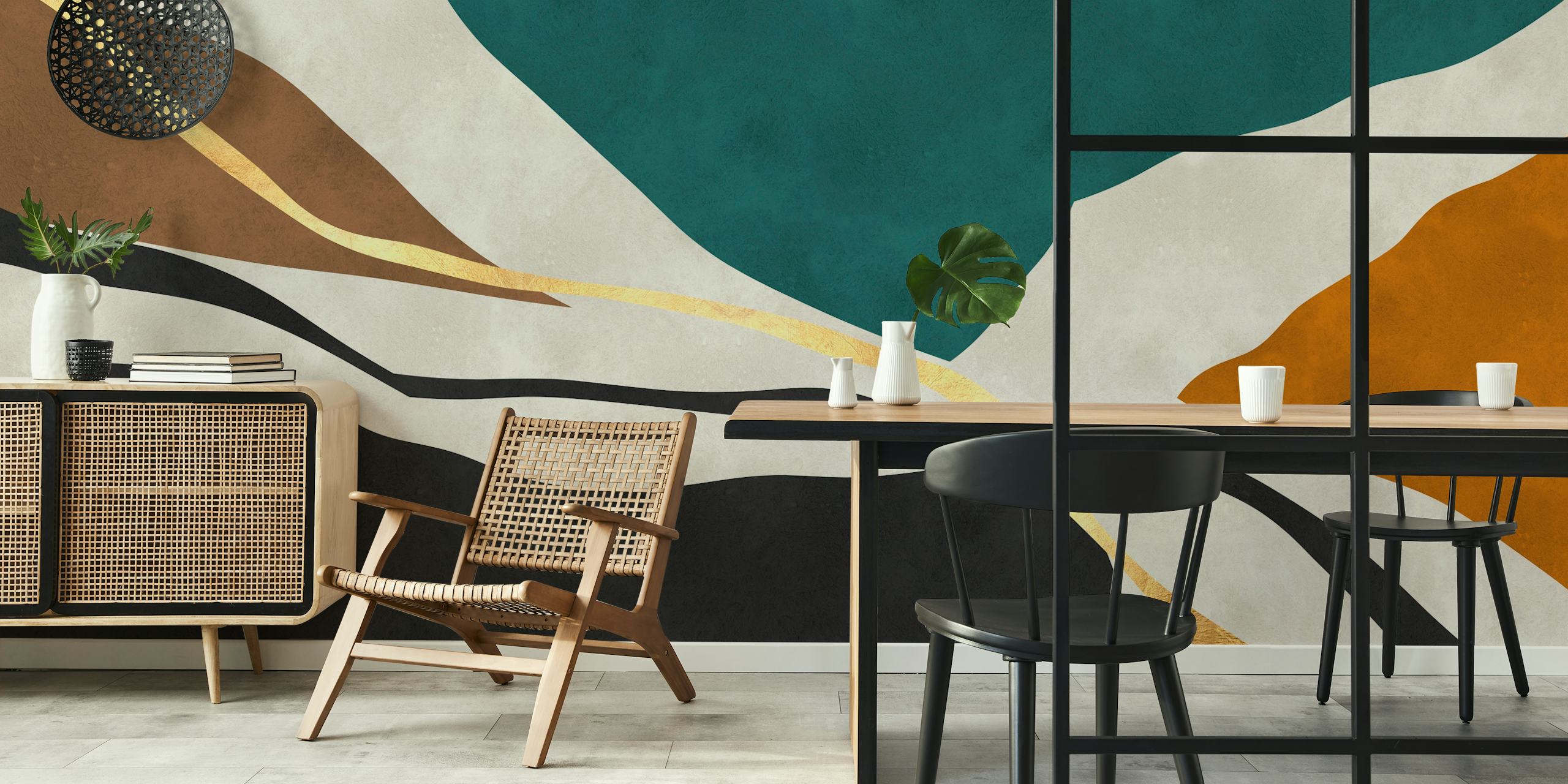 Abstract expressionist wall mural with geometric shapes in green, mustard, cream, black, and gold