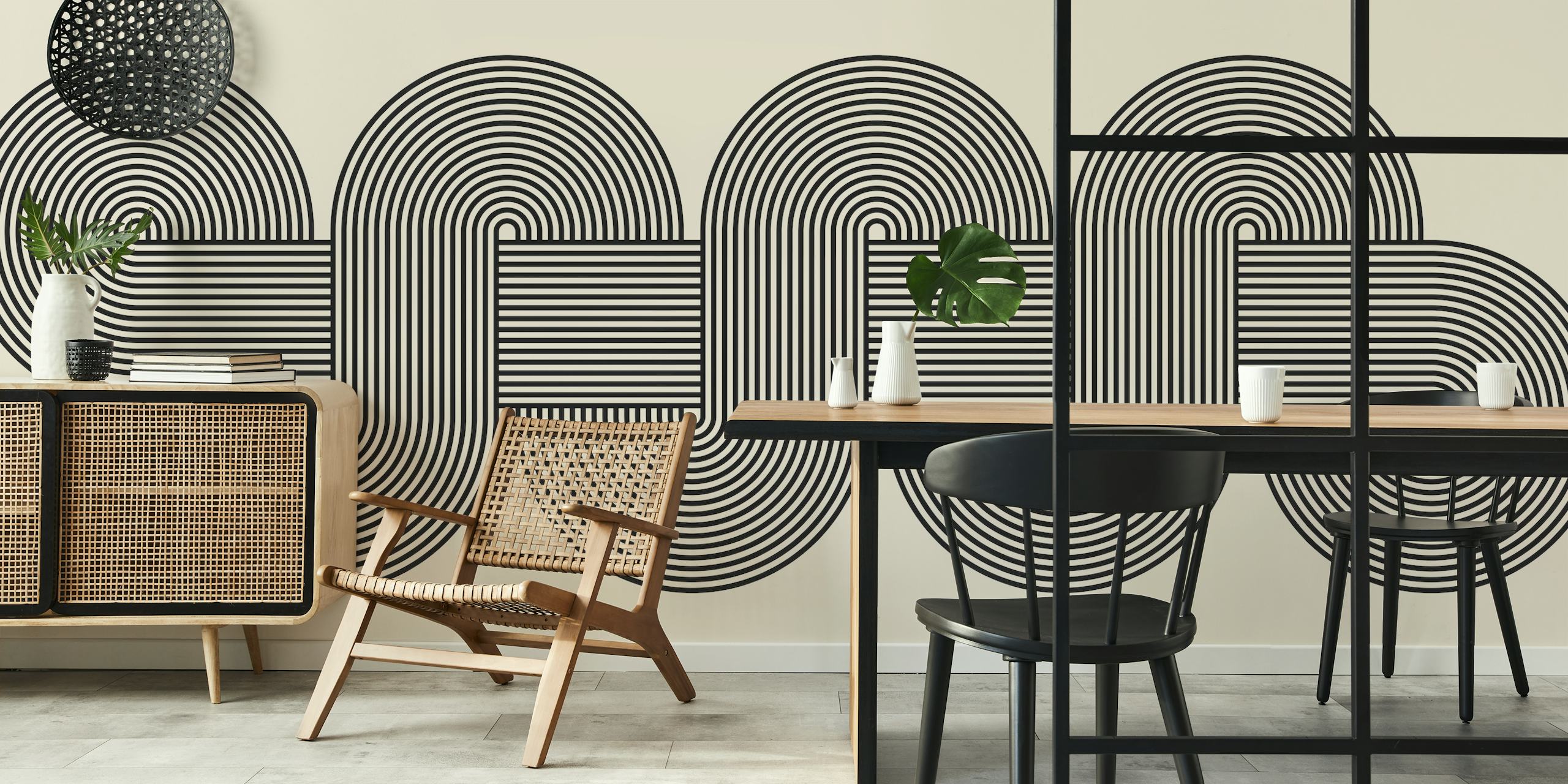 Abstract black and white curved lines wallpaper