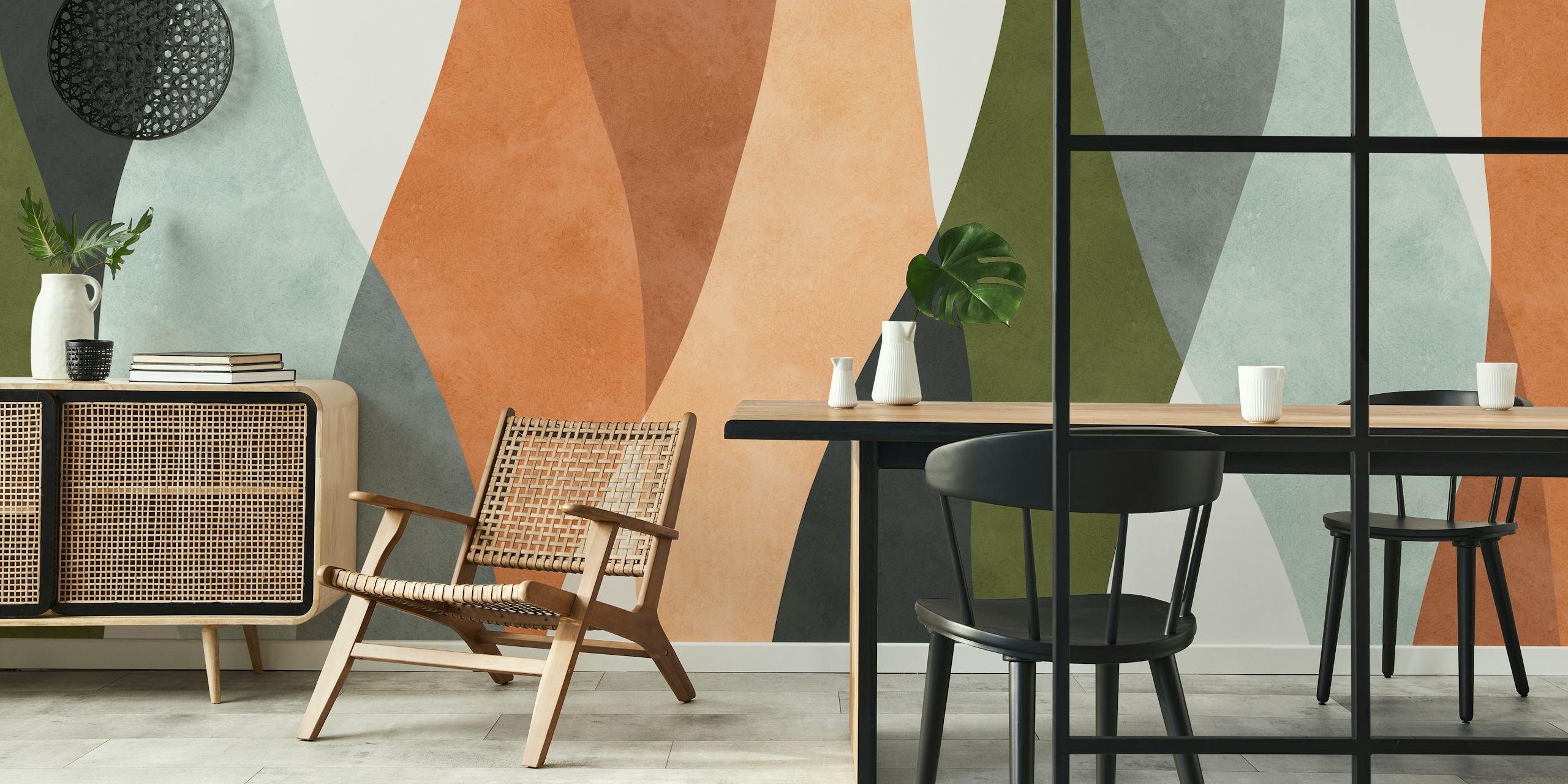 Fotomural abstracto Boho Traits 3 con rayas onduladas en tonos tierra