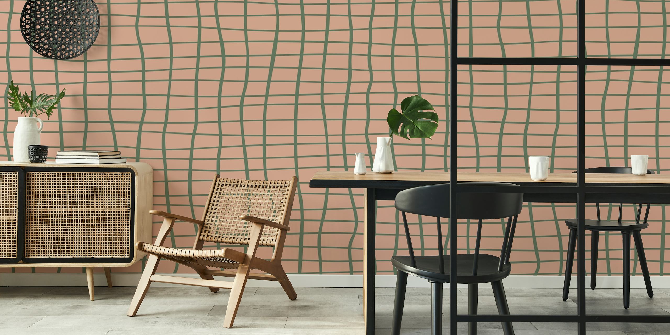 Green grid pattern on a soft pink background wallpaper