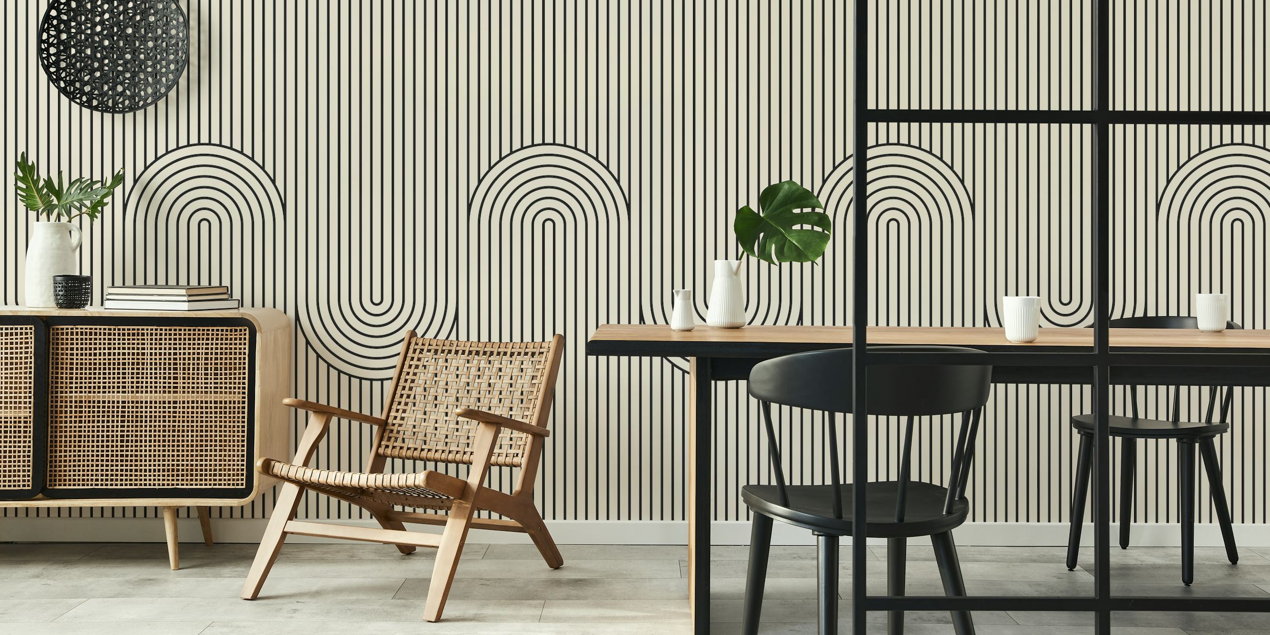 Geometric lines and curves in black and white wallpaper