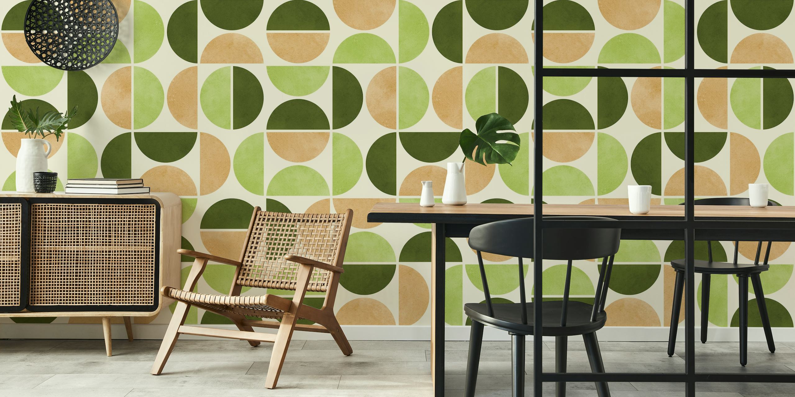 Motif de cercles vert et beige sur fond crème wallpaper