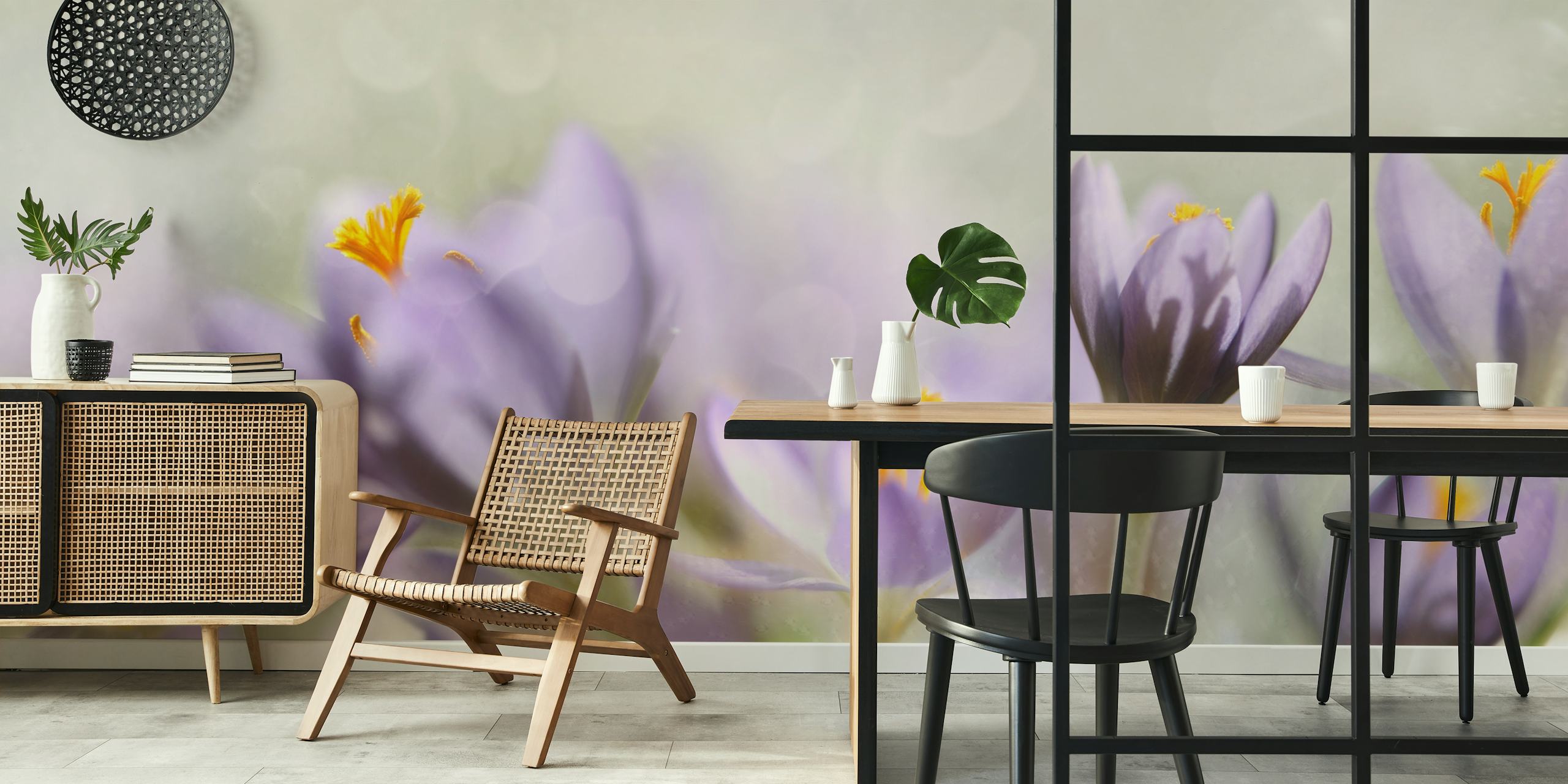 Purple flowers with orange accents in soft focus wallpaper
