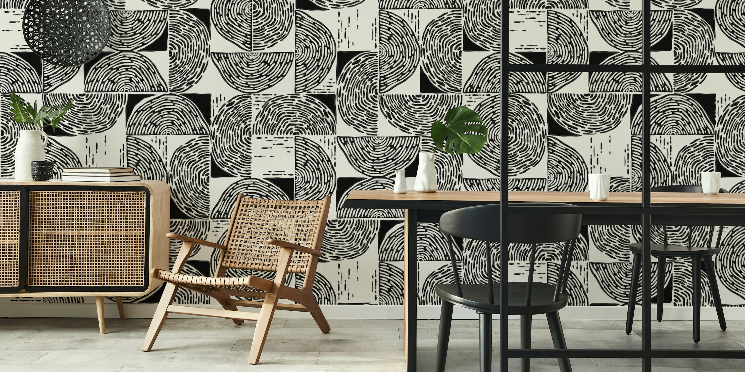 papel tapiz black and white wood block print en una habitación