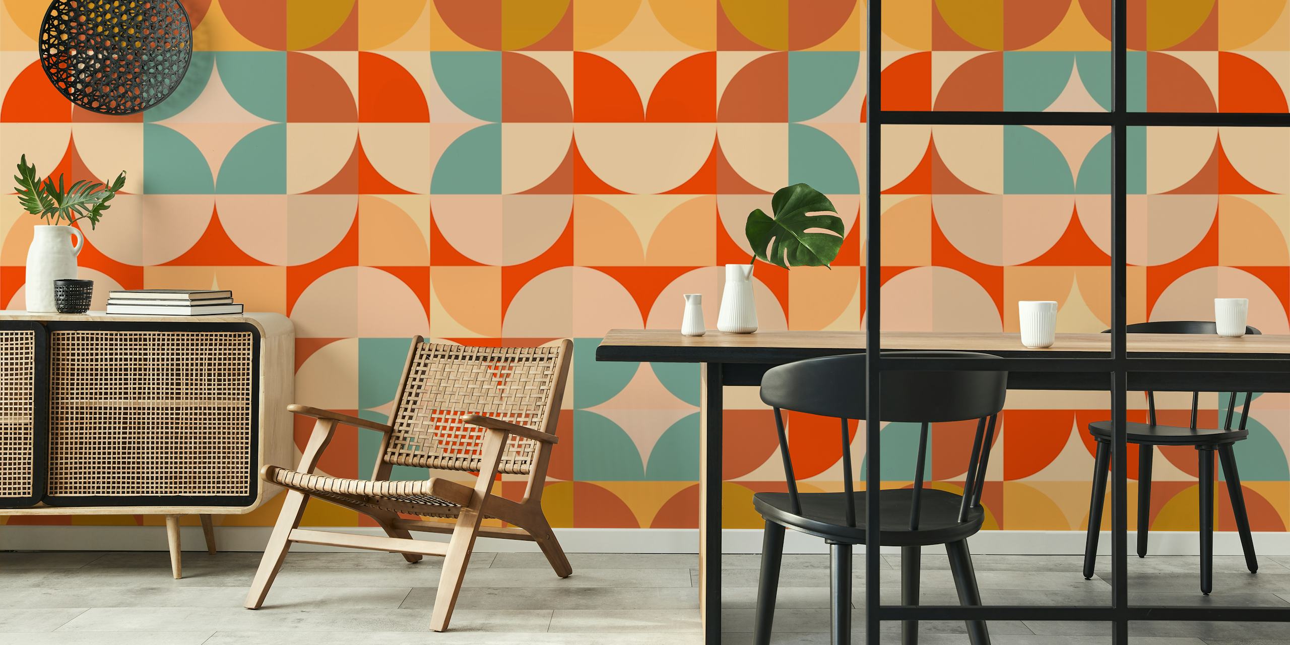 Geometric patterns in orange, blue, and beige wallpaper