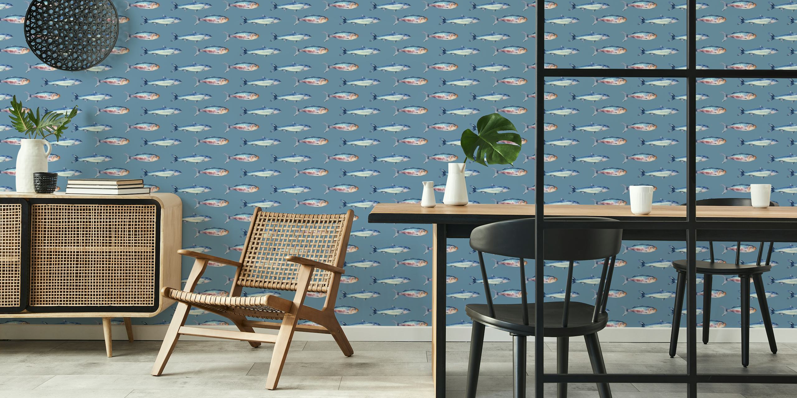 Aquatische Fish Ocean Blue patroonbehang in kamerdisplay