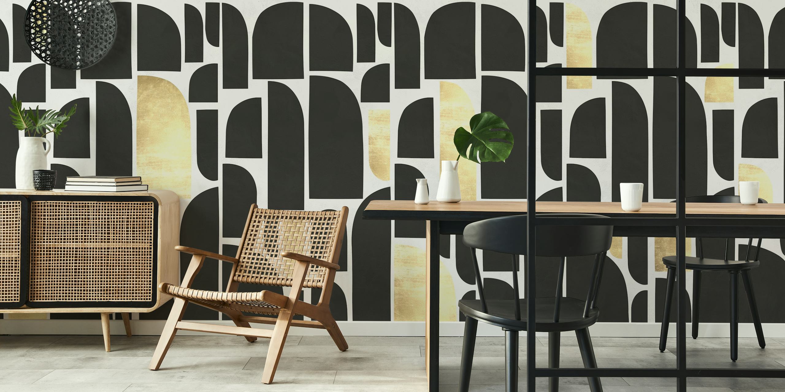 Abstract shapes in black and gold on a white background wallpaper