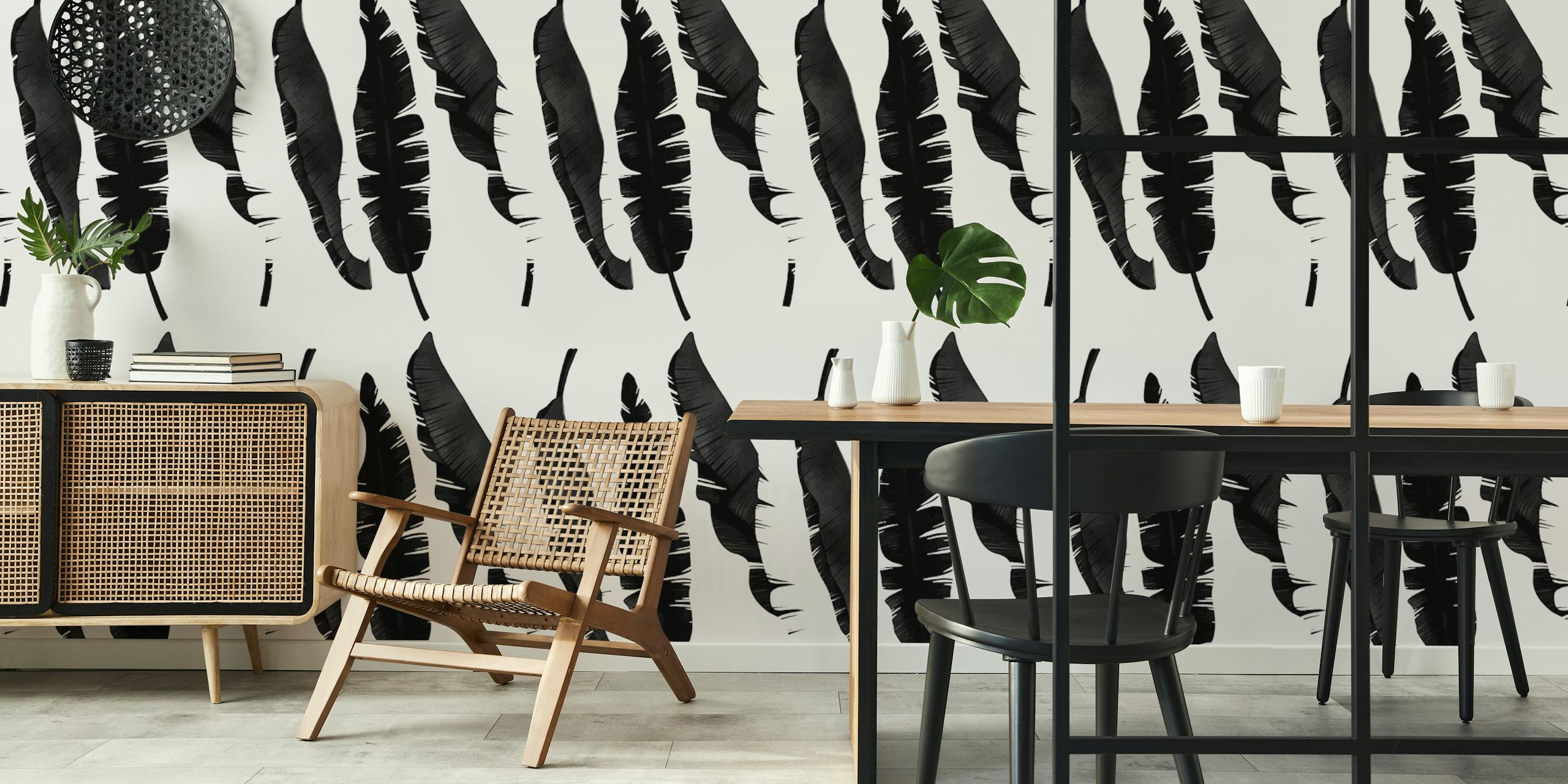 Monochrome feather wallpaper displayed in a room