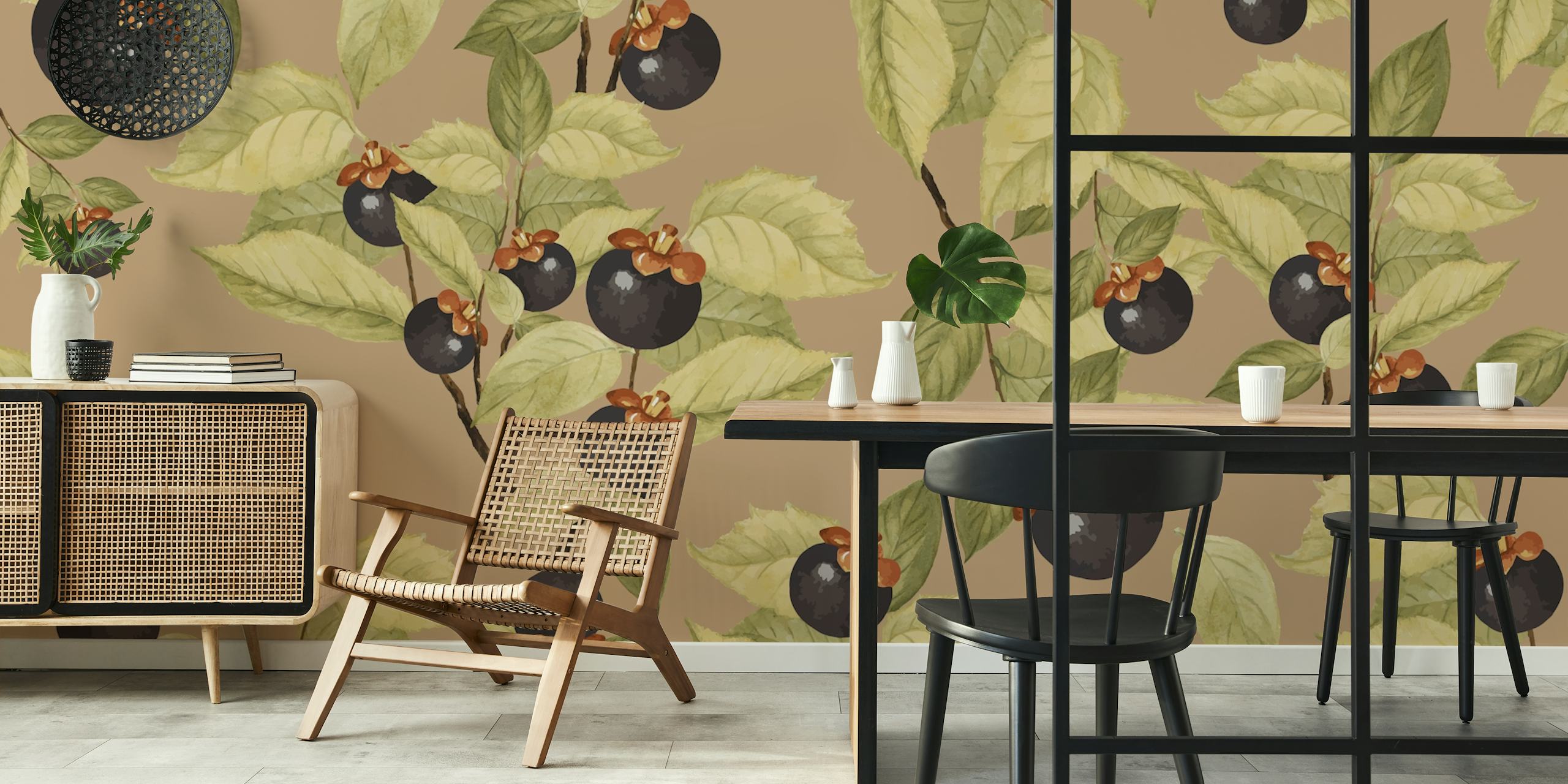 Black fruit and green leaves on beige wallpaper