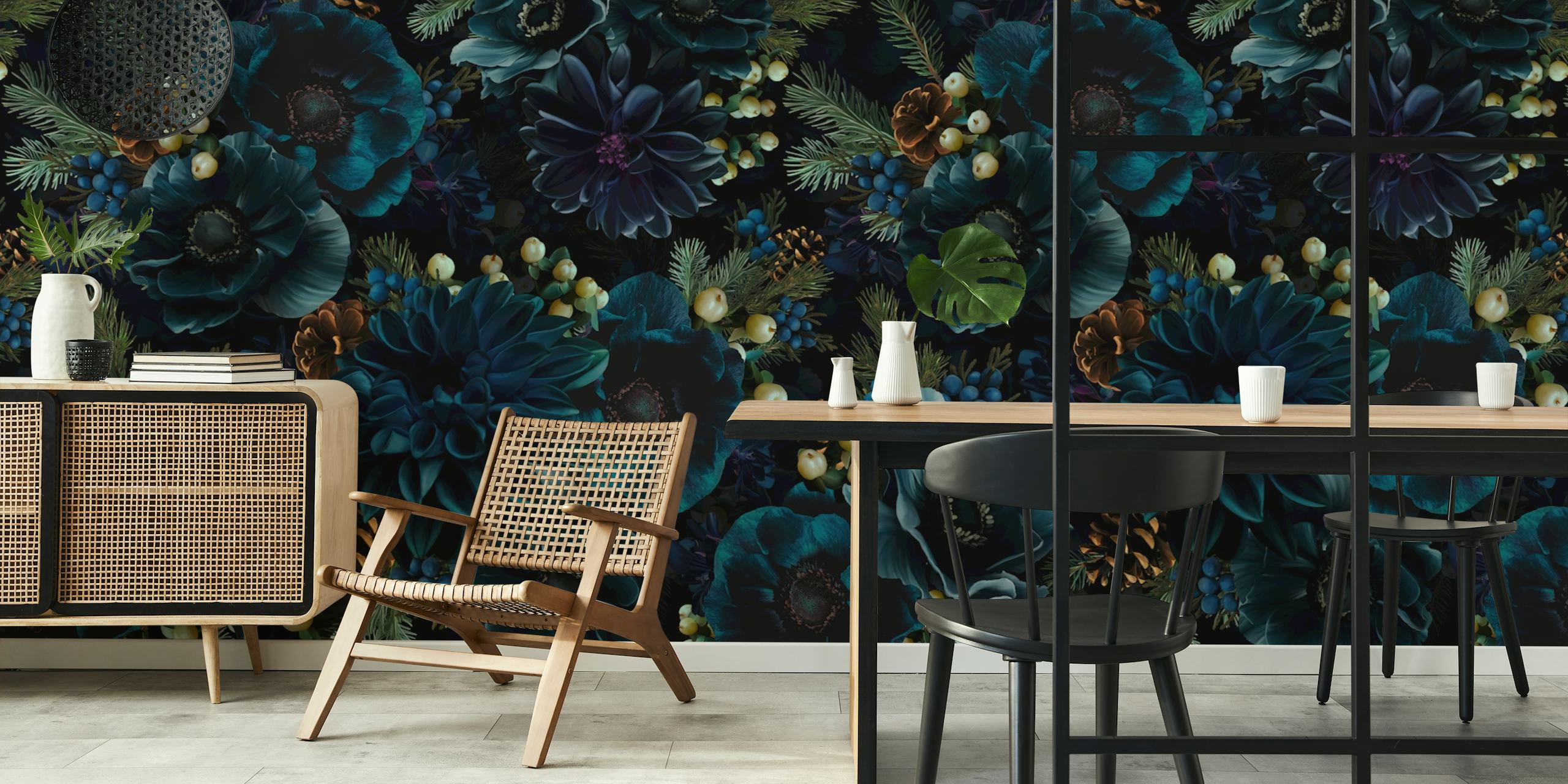 Diseño de papel tapiz floral oscuro y melancólico en una habitación