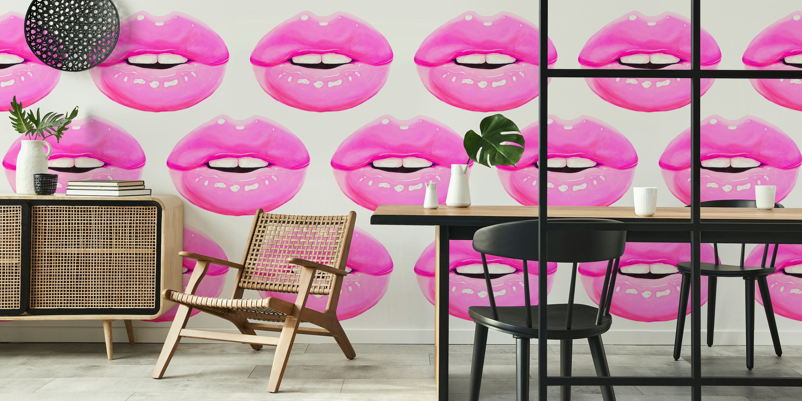 Design de papel de parede Pink lips em um quarto