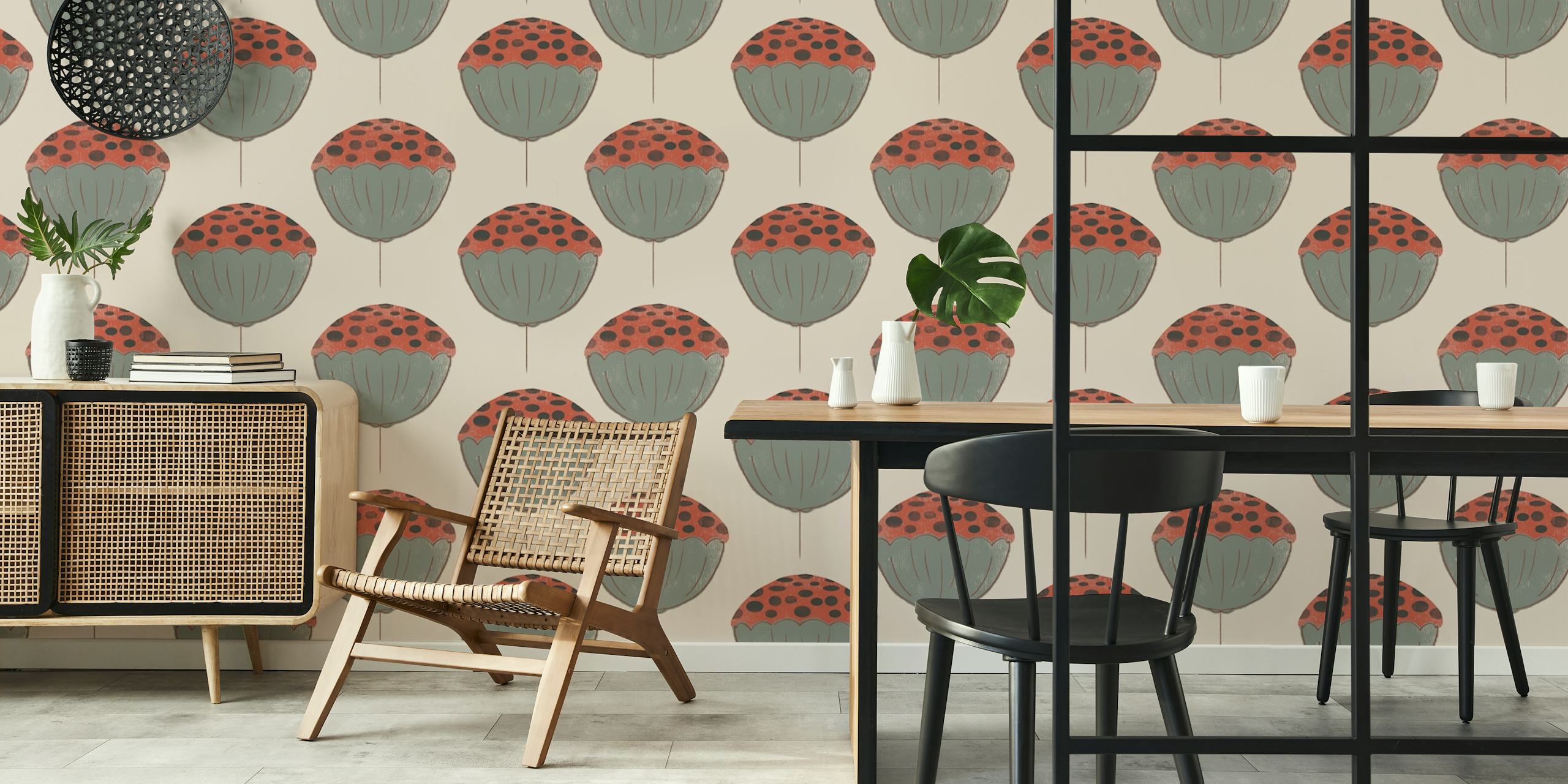 Mid century floral pattern with green and red flowers on beige wallpaper